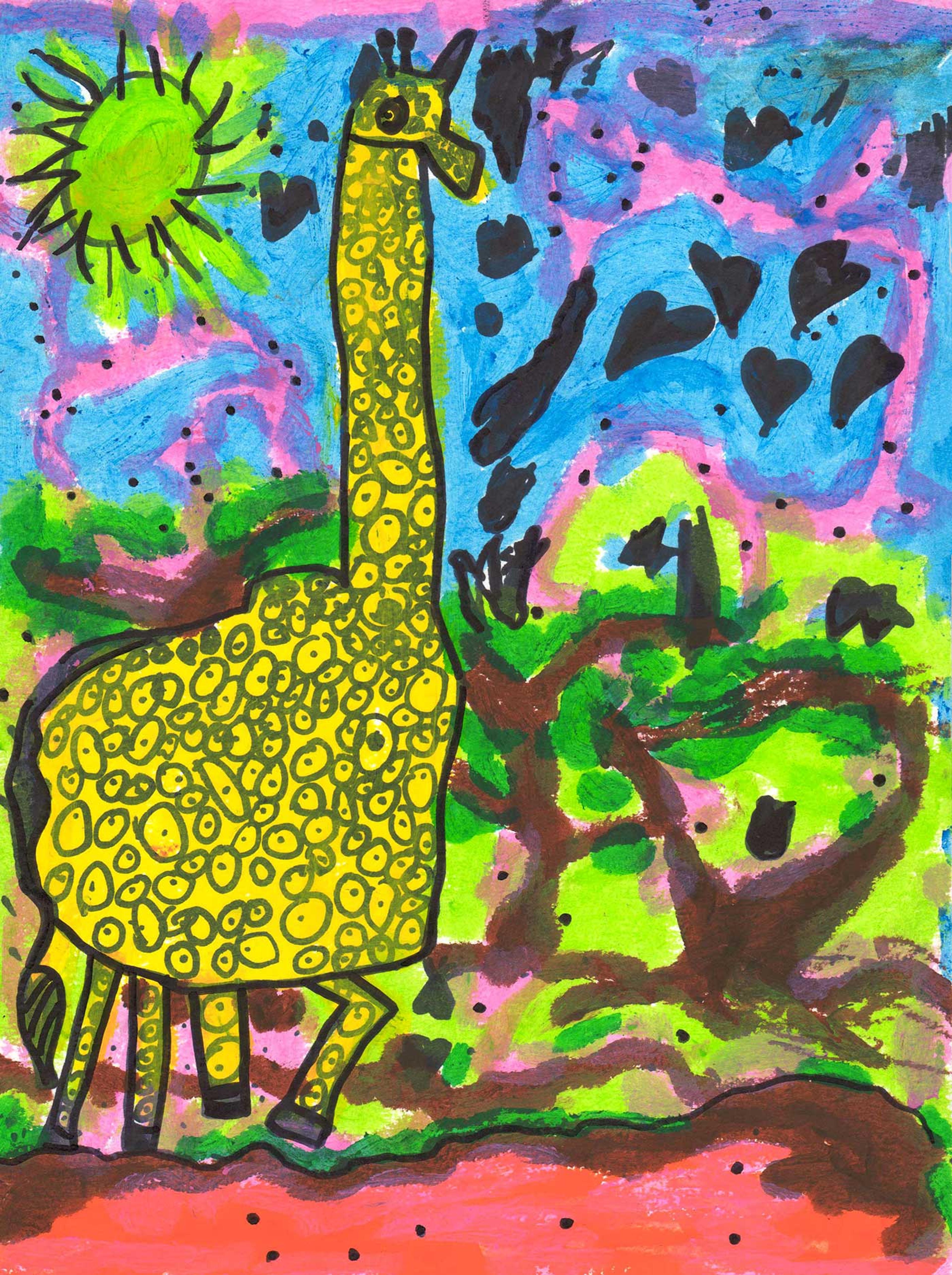 Drawing of a giraffe in a colorful landscape.