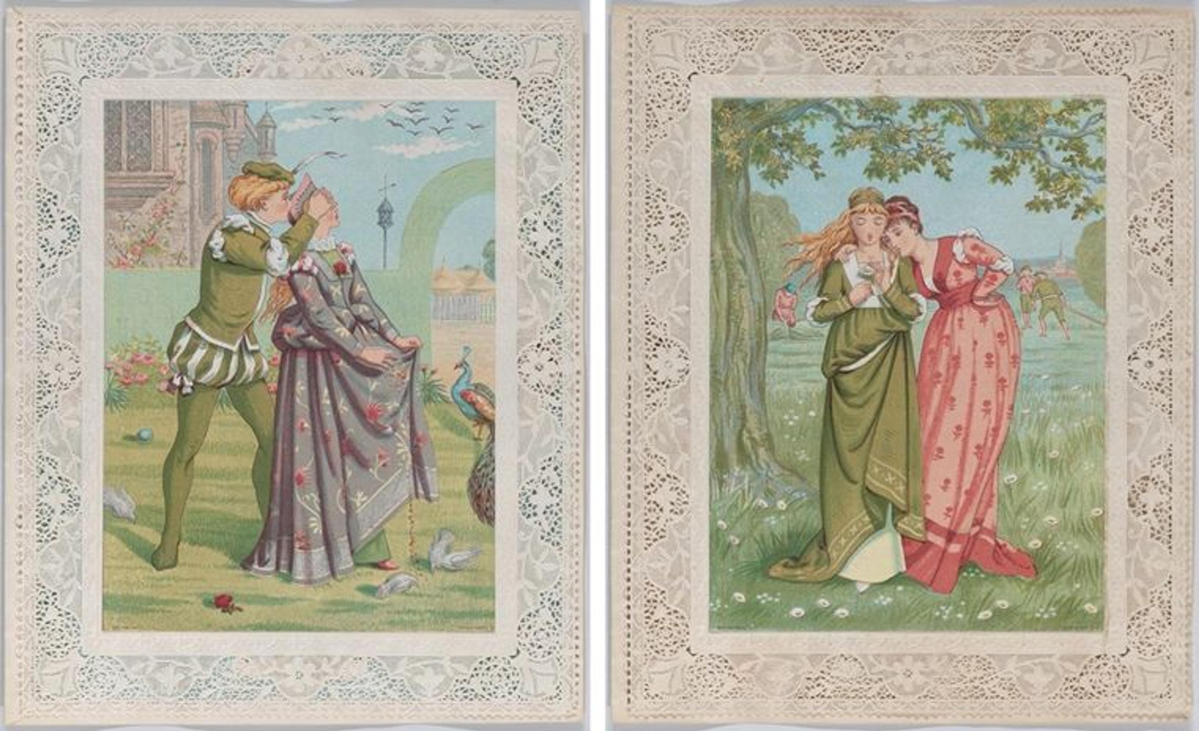 Two Kate Greenaway valentines depicting young lovers in pastoral settings