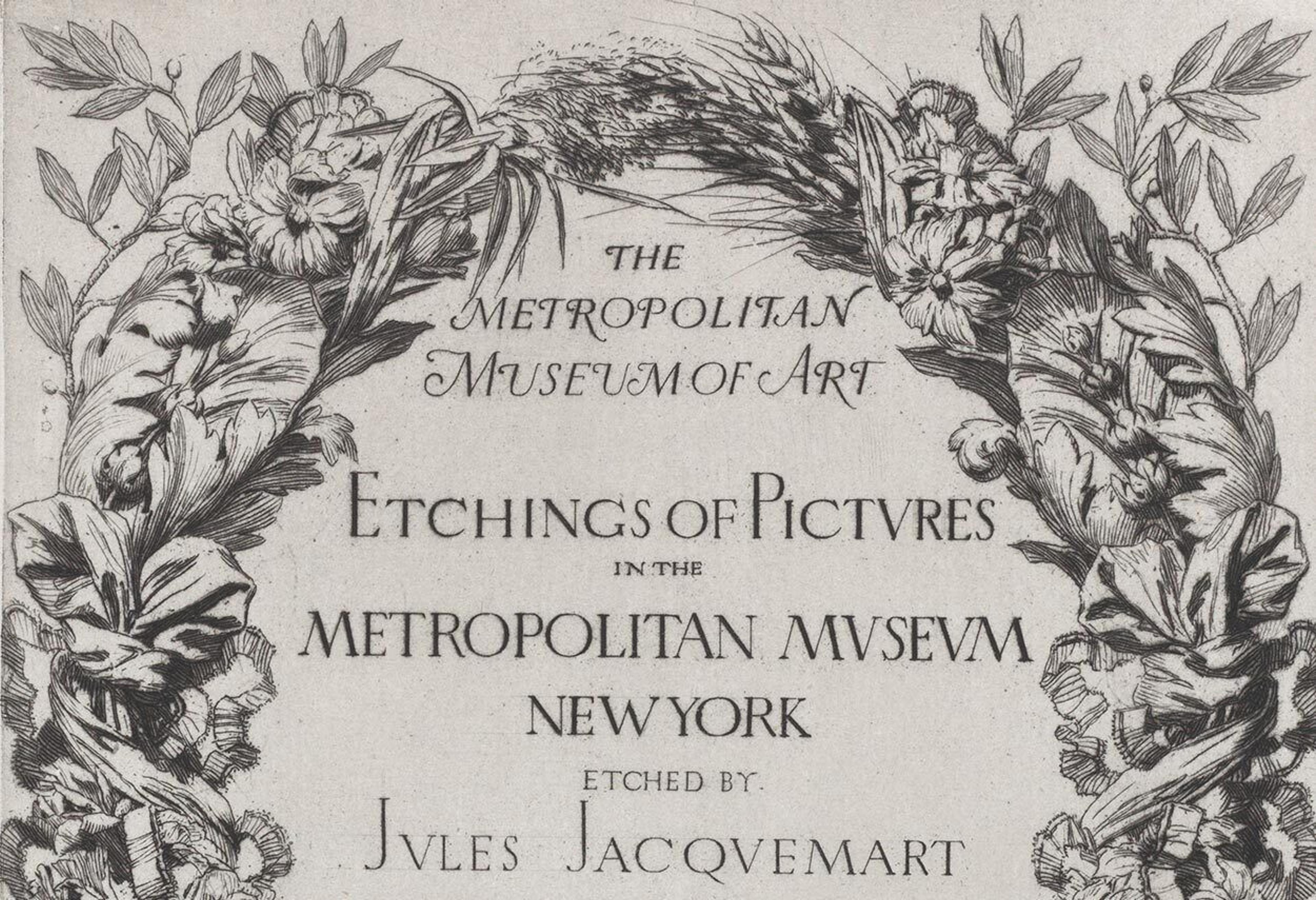Etching of a wreath with text that reads The Metropolitan Museum of Art, Etchings of Paintings