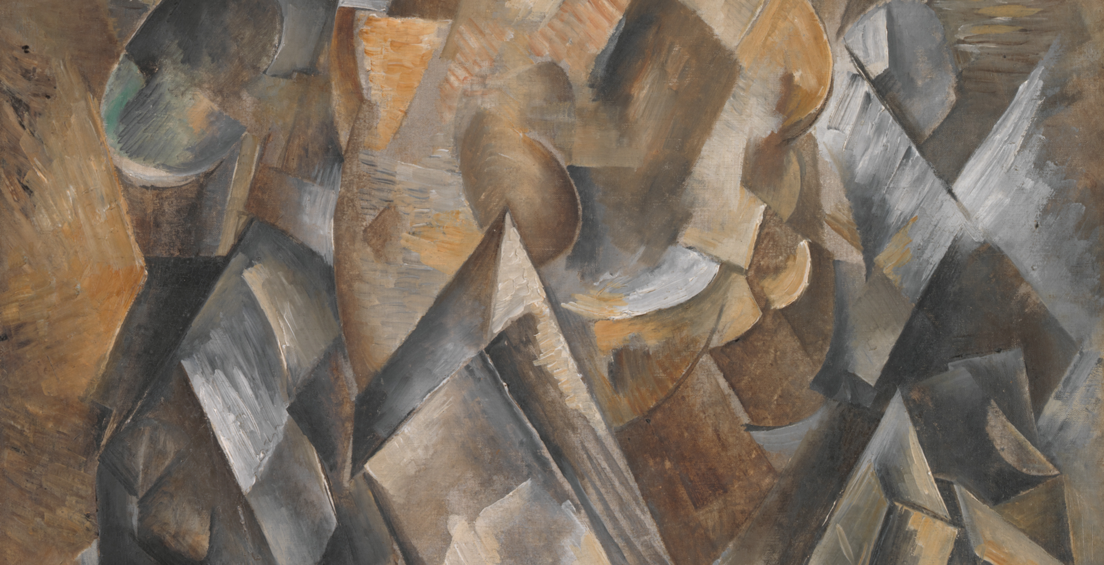 Cubist painting of a metronome in tones of gray and brown
