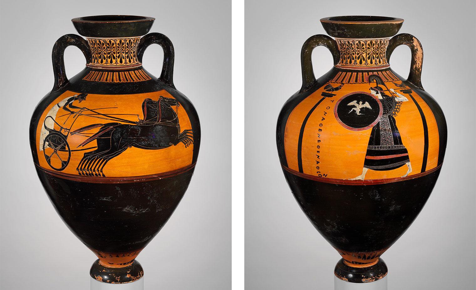 A terracotta vase depicting a chariot race on one side and the goddess Athena on the other