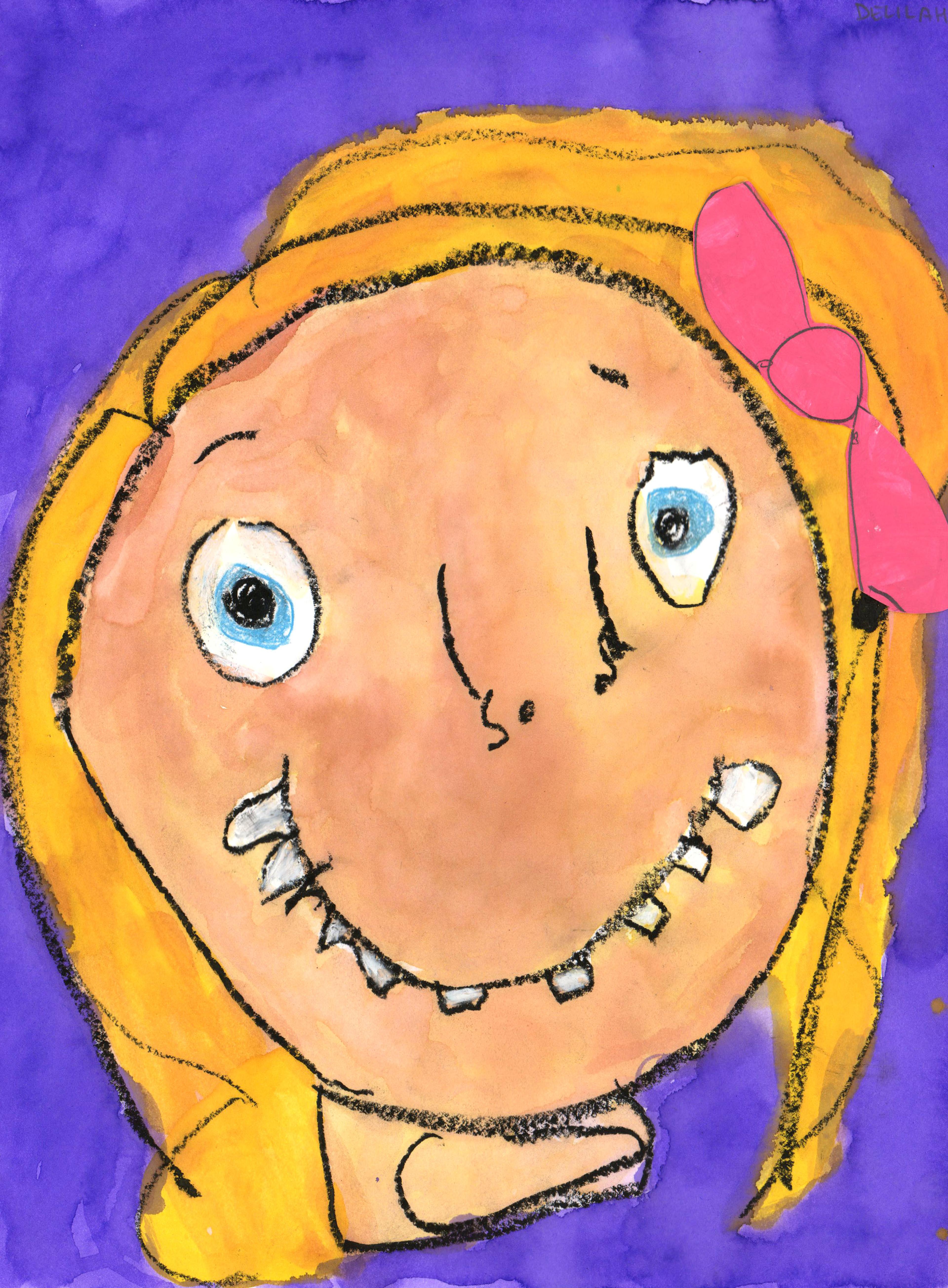 Mixed-media-collage self-portrait of a round-faced white girl with blond hair and wide blue eyes. She faces the viewer and smiles, her teeth emerging from her closed mouth. She wears a bright pink bow in her hair to the right, and the background is blue. Her features are outlined in black pastel strokes.