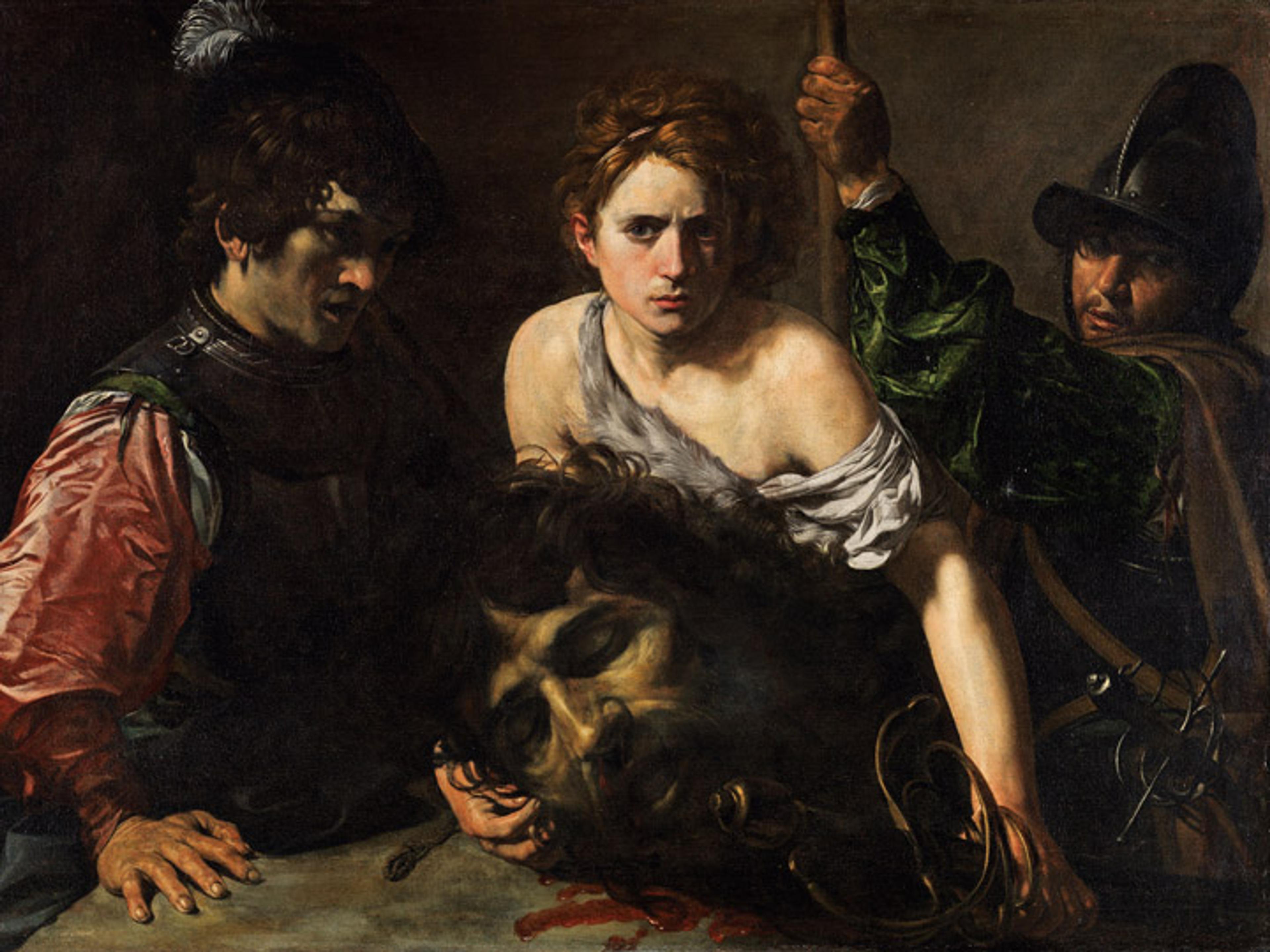 Early 17th-century painting showing David holding the head of Goliath while two soldiers look on