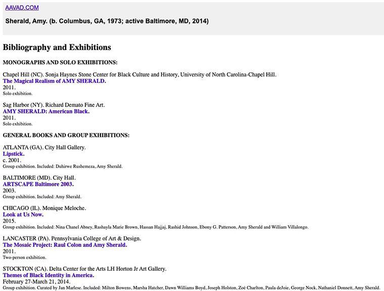 An artist-level display, featuring a bibliography and exhibition history, in the African American Visual Artists Database