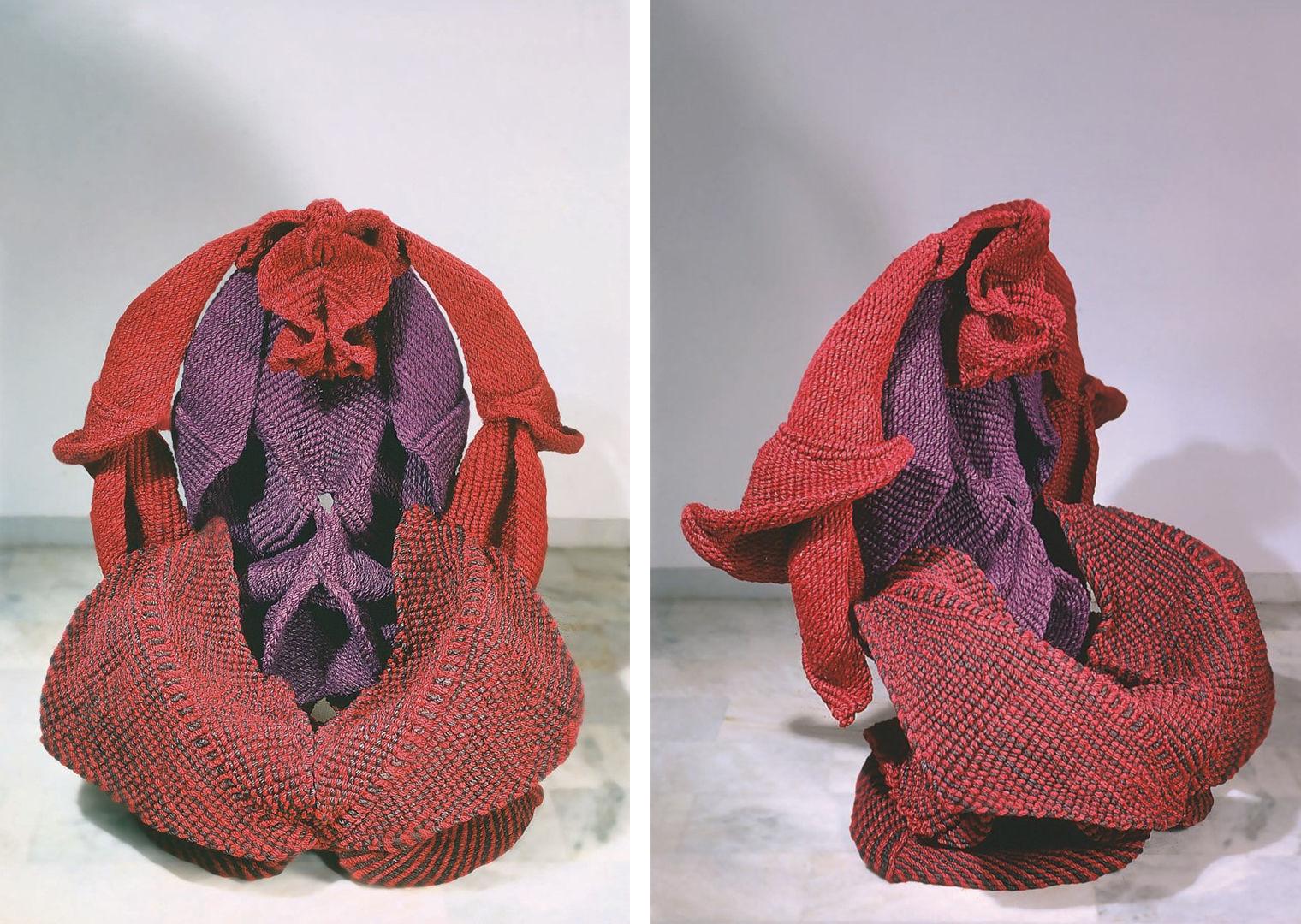 Composite image showing front and side views of Mrinalini Mukherjee’s freestanding fibre red and purple sculpture depicting unfurling forms that resemble female genitalia.