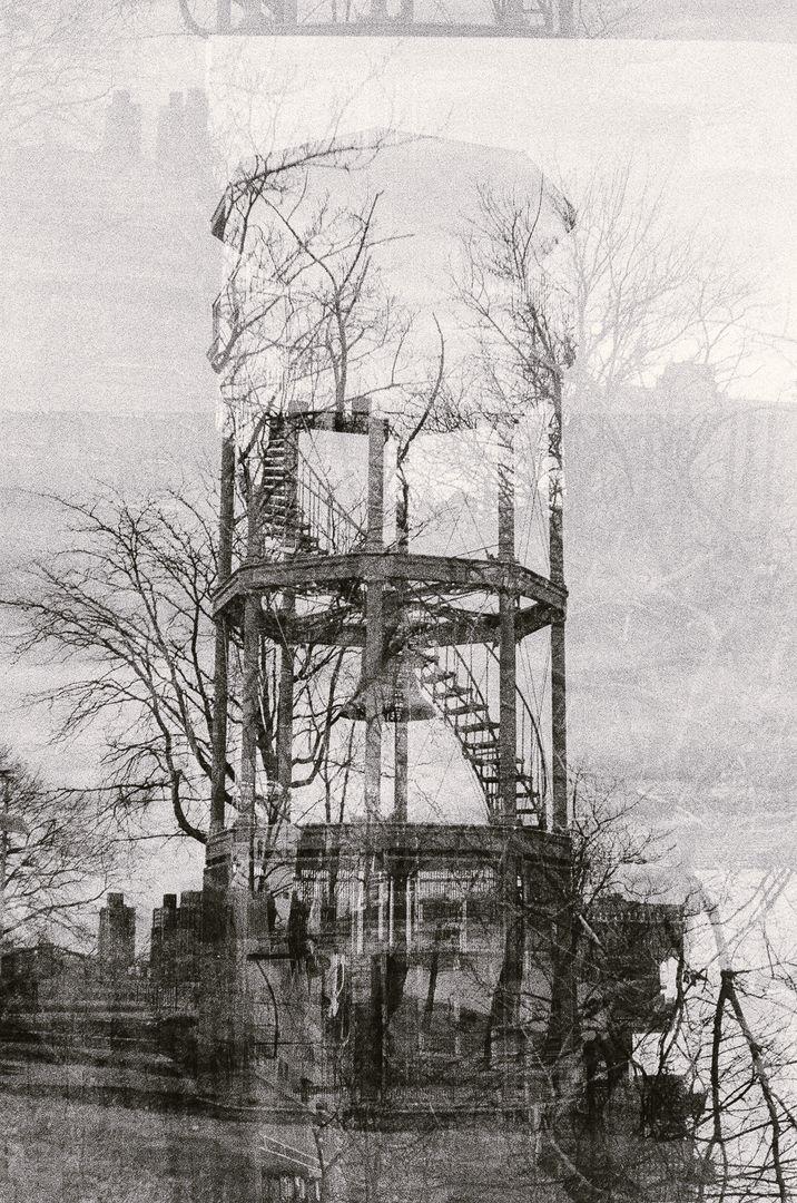 Multiple exposure film photograph of Marcus Garvey Park Firewatch Tower, an iron structure with spiral staircase and large bell surrounded by tree foliage
