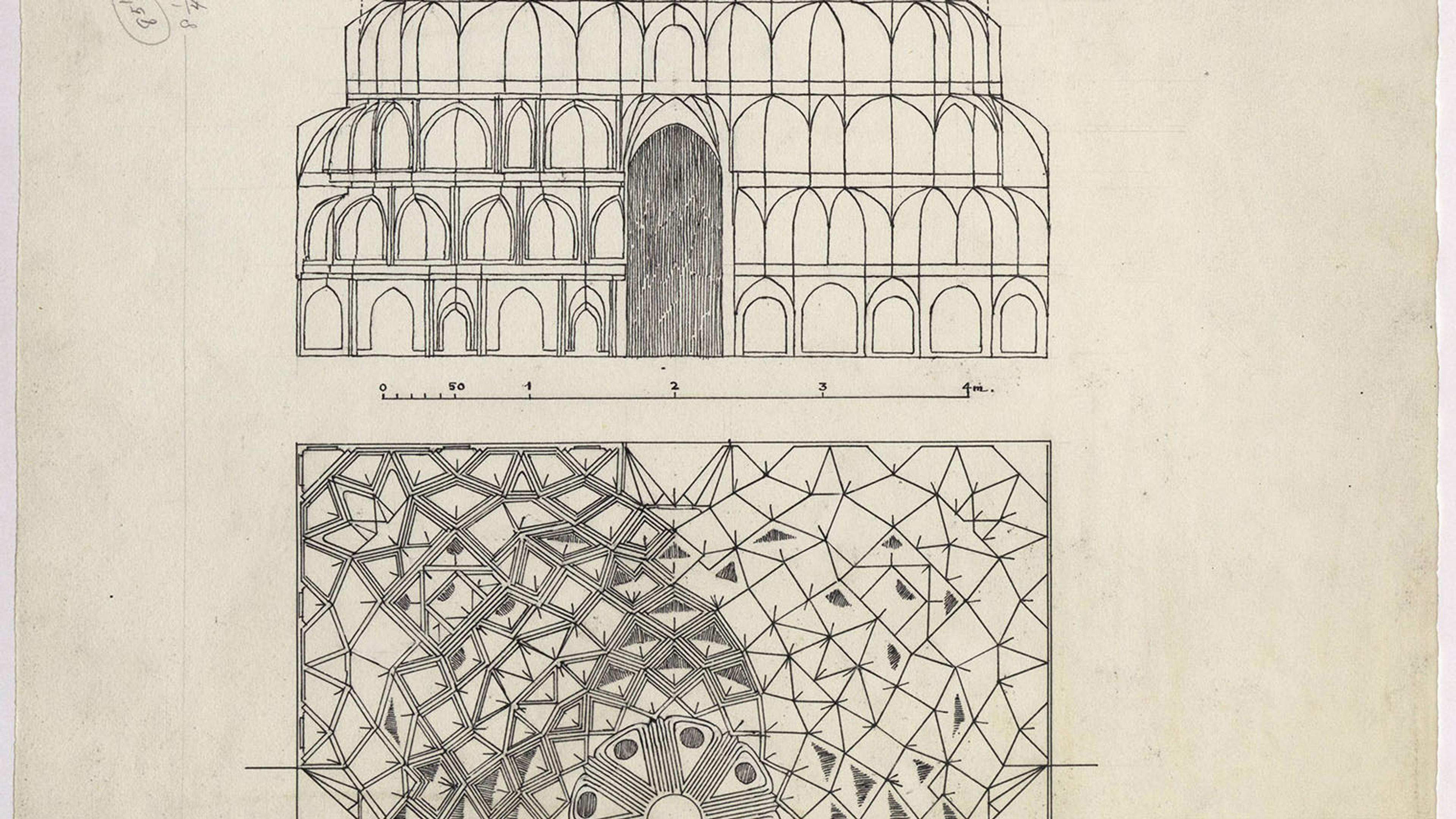 Architectural drawing featuring a front elevation of a domed building with arched openings and a geometric floor plan showcasing intricate geometric tessellation patterns.