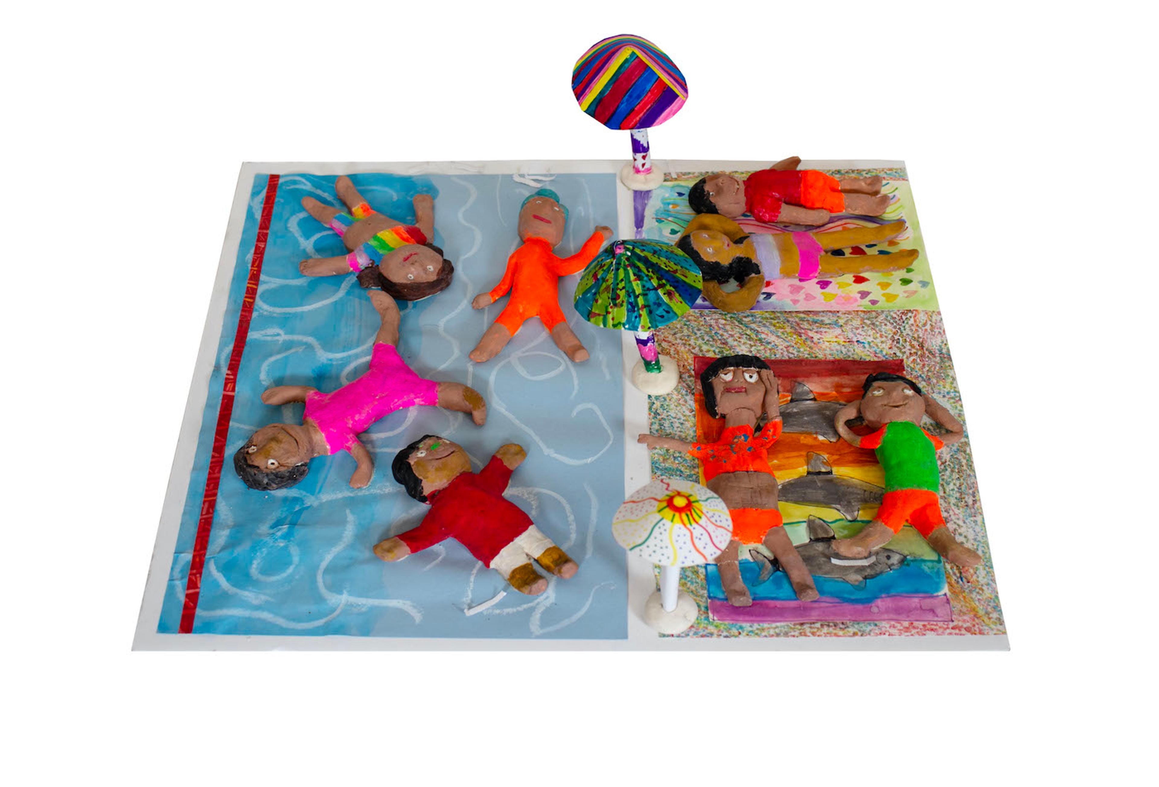 Mixed media sculpture of several people relaxing at a public swimming pool. The base of the sculpture is a 6 by 6 inches square. On one half of the square, four smiling people sculpted from dry clay float face up on the surface of a blue swimming pool. On the other half of the square, four smiling people lie on towels and sunbathe next to the pool. Two people at one end of the pool deck lie facing sideways on a towel decorated with valentine's hearts. Two people at the other end of the deck lie facing vertically on a rainbow towel decorated with three gray sharks. Three colorful pool- side umbrellas are set in a column at the edge of the pool from one end of the deck to the other.