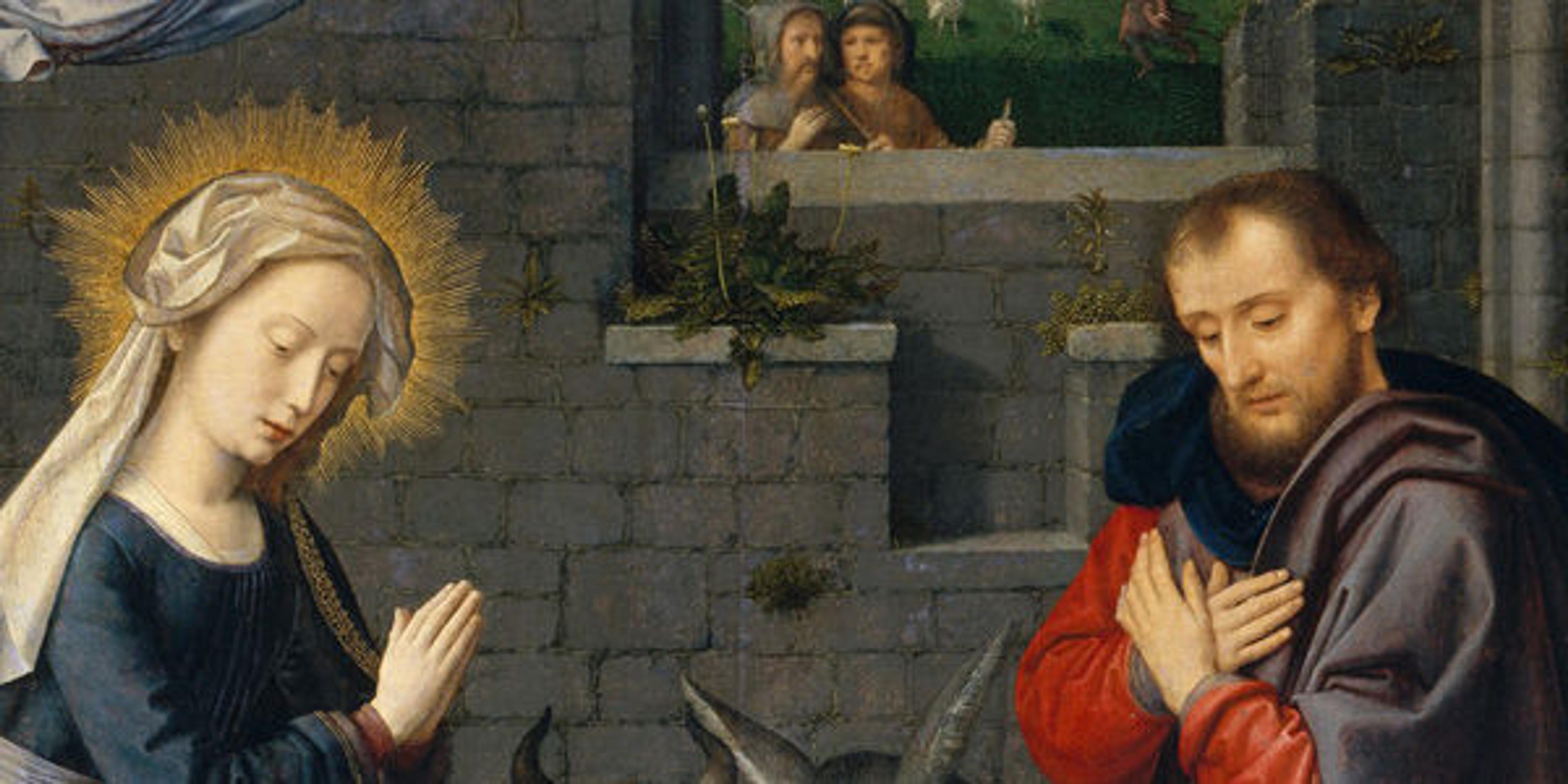 Gerard David (Netherlandish, ca. 1455–1523) | The Nativity with Donors and Saints Jerome and Leonard (detail), ca. 1510–15 | 49.7.20a–c