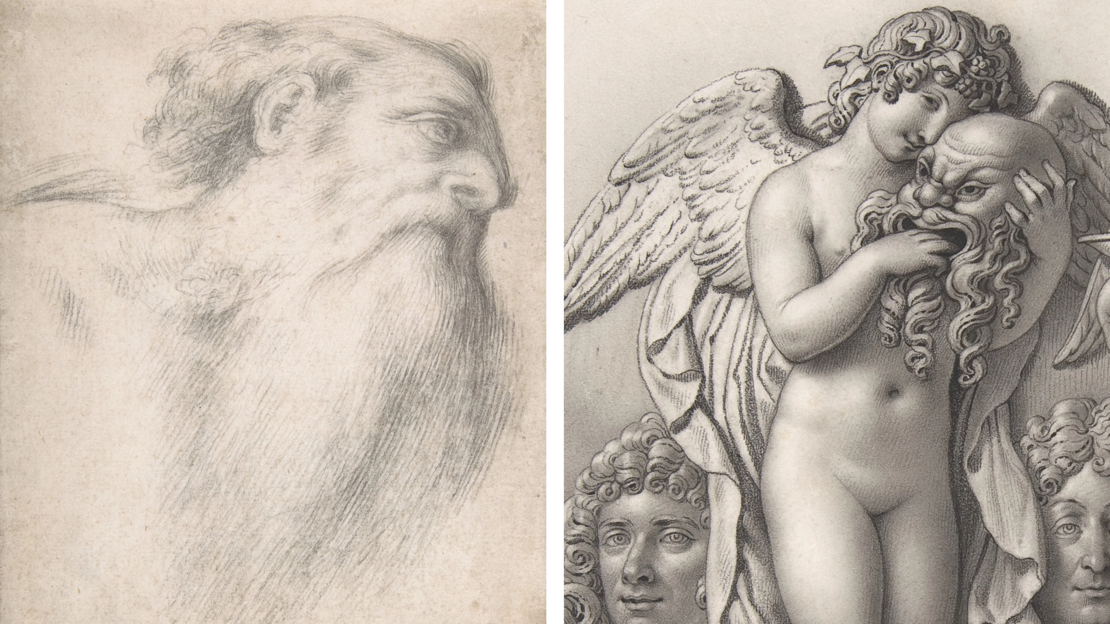 Left: a detailed sketch of a man's head looking upward, with long hair and a long beard. Right: sketch of a  smiling, nude winged angel resting its head on the disembodied head of a grotesque architectural figure in the shape of a bearded man's.