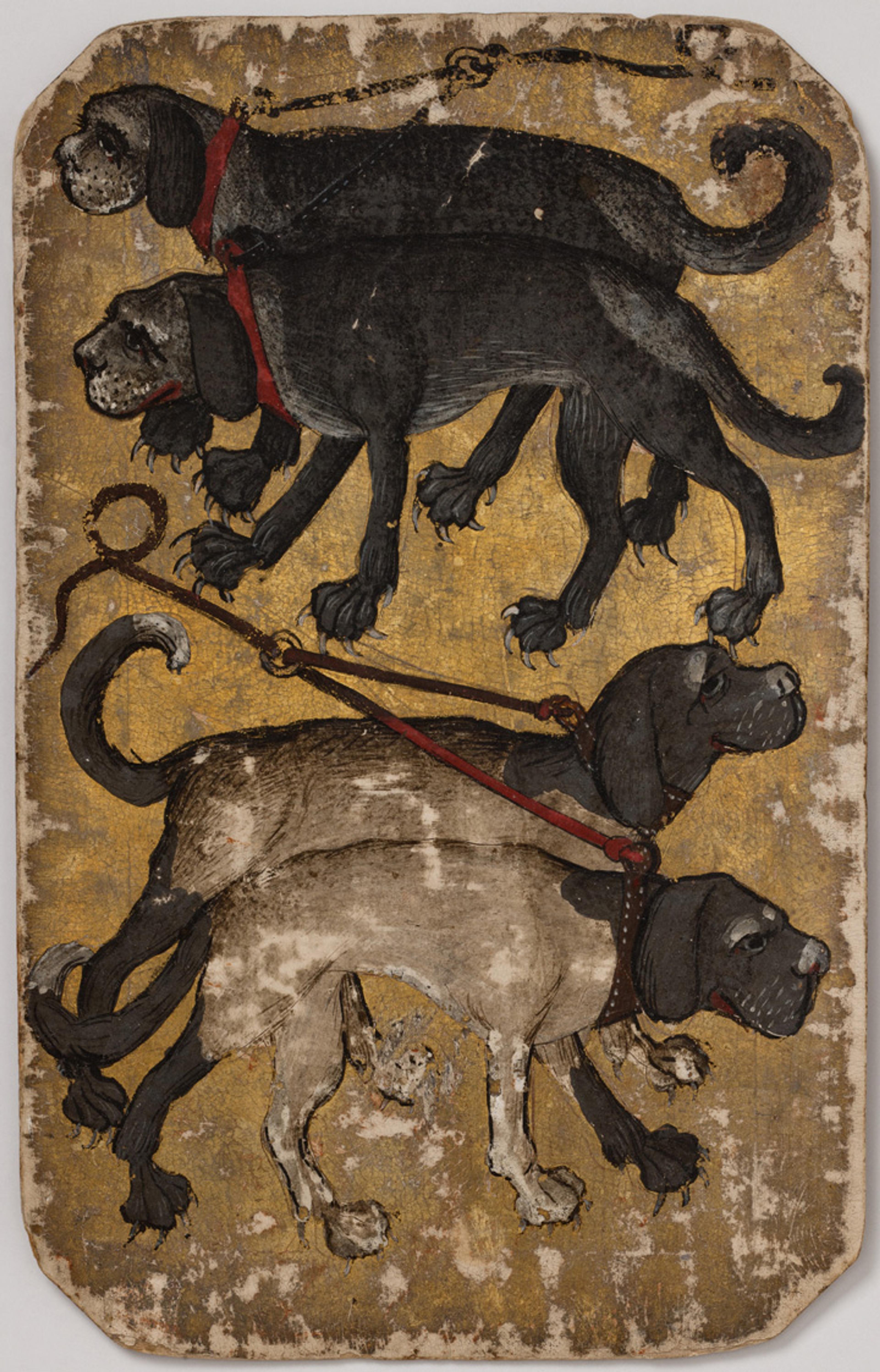 4 of Hounds, from The Stuttgart Playing Cards, ca. 1430. Made in Upper Rhineland, Germany. Paper (six layers in pasteboard) with gold ground and opaque paint over pen and ink; 7 1/2 x 4 3/4 in. (19.1 x 12.1 cm). Landesmuseum Württemberg, Stuttgart
