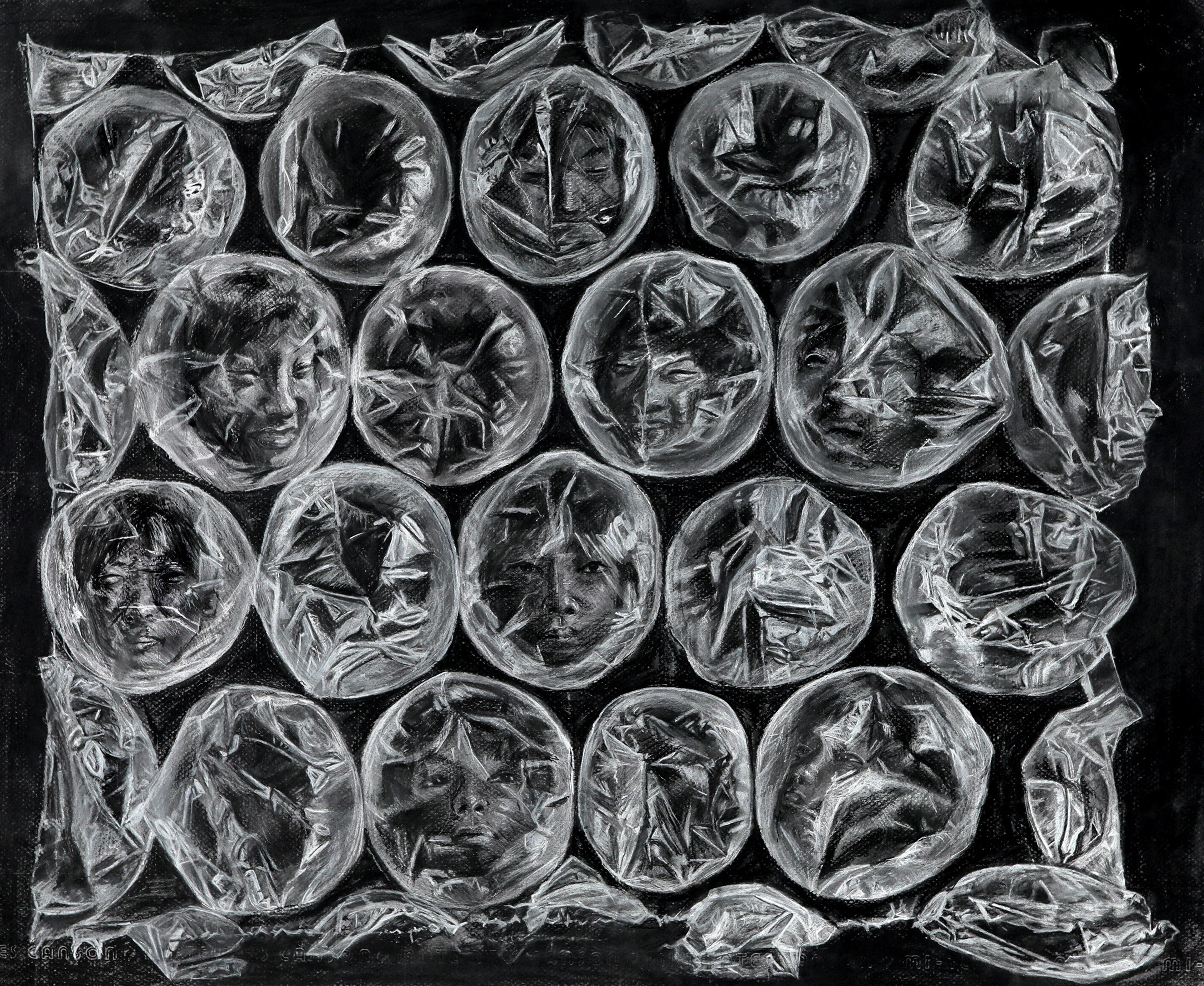 Black and white drawing of a sheet of bubble wrap with different faces and expressions in each bubble.