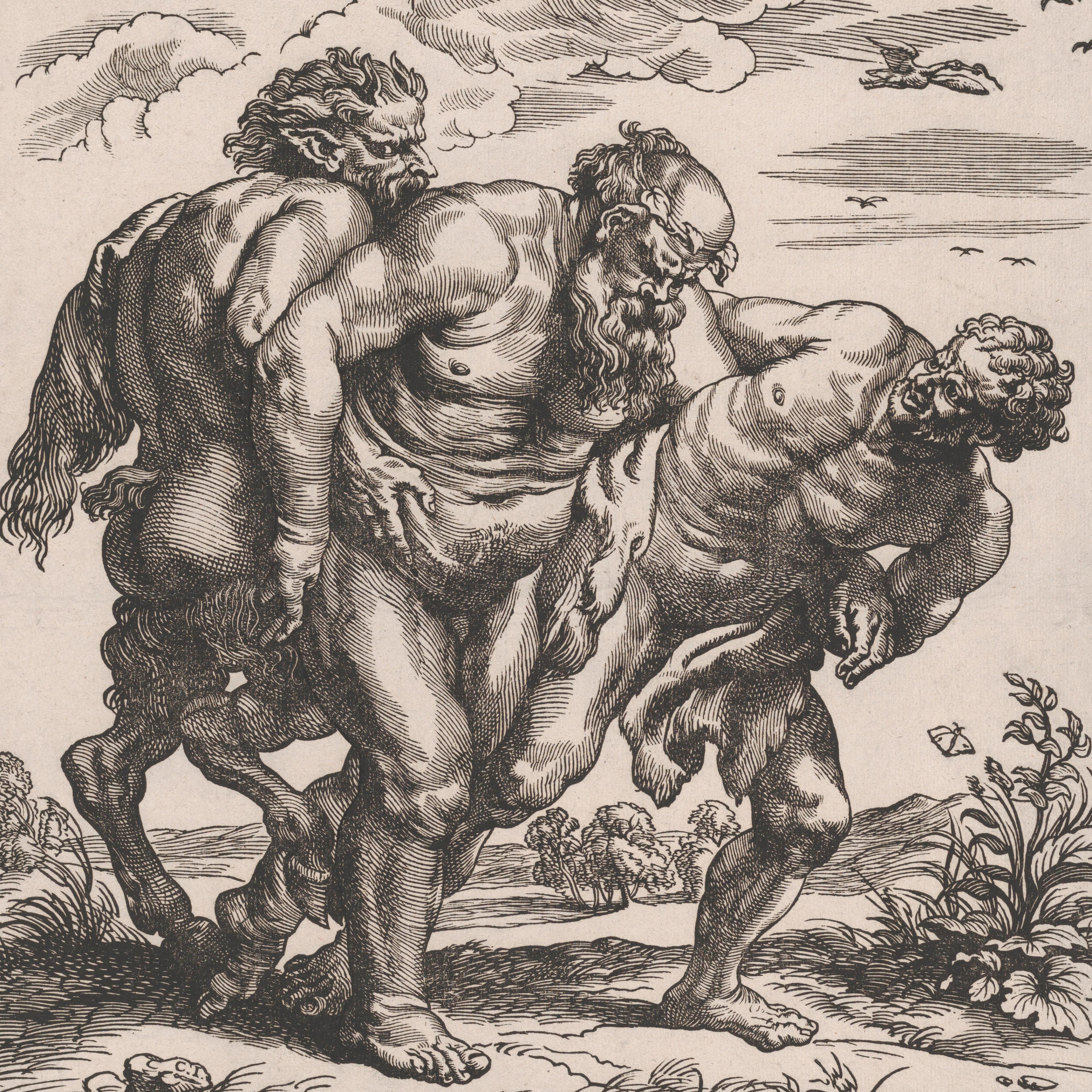 Detail view of three figures from the woodcut "The March of Silenus" by Christoffel Jegher (after Peter Paul Rubens).