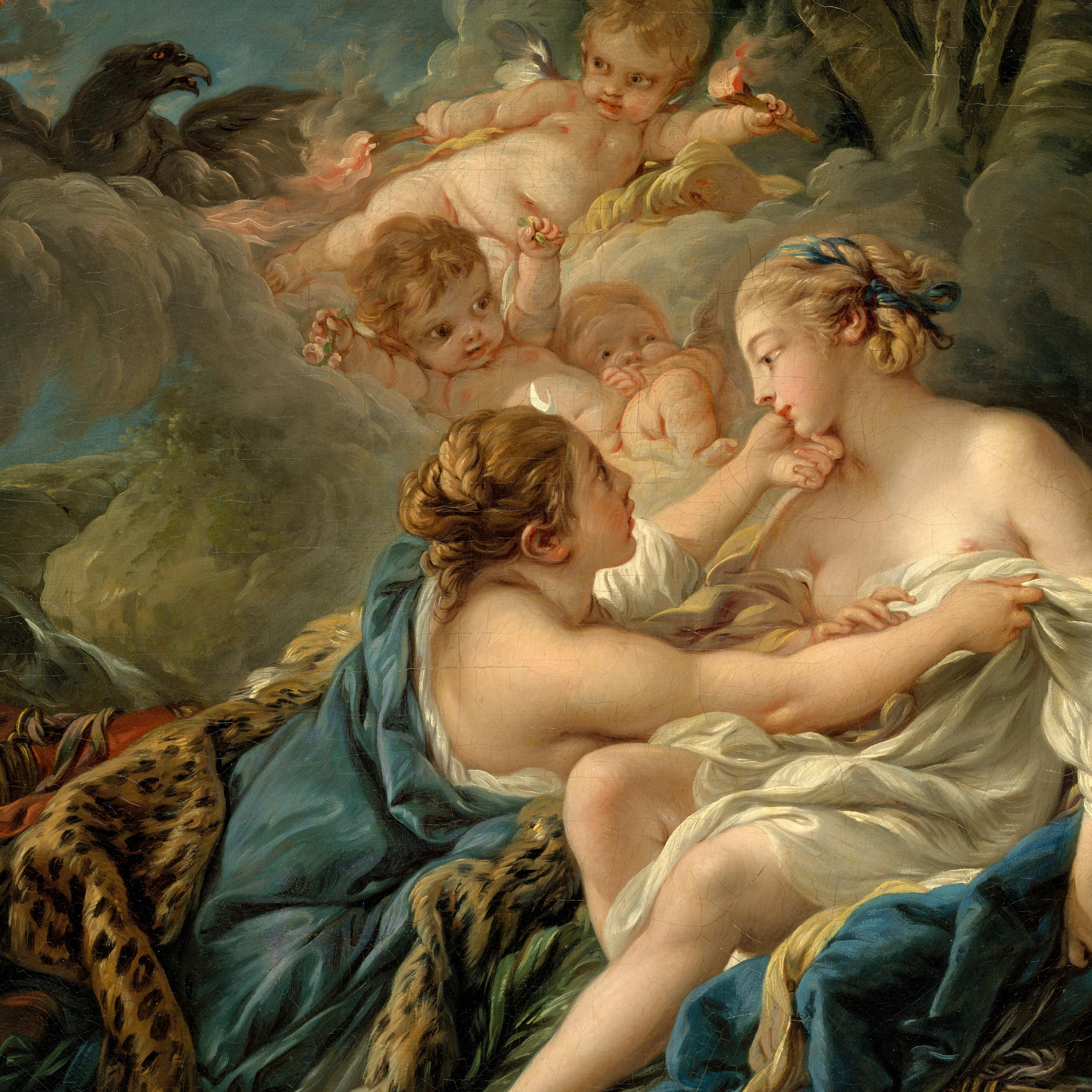 Two women caress each other while a dark gray bird and babies watch from the background.