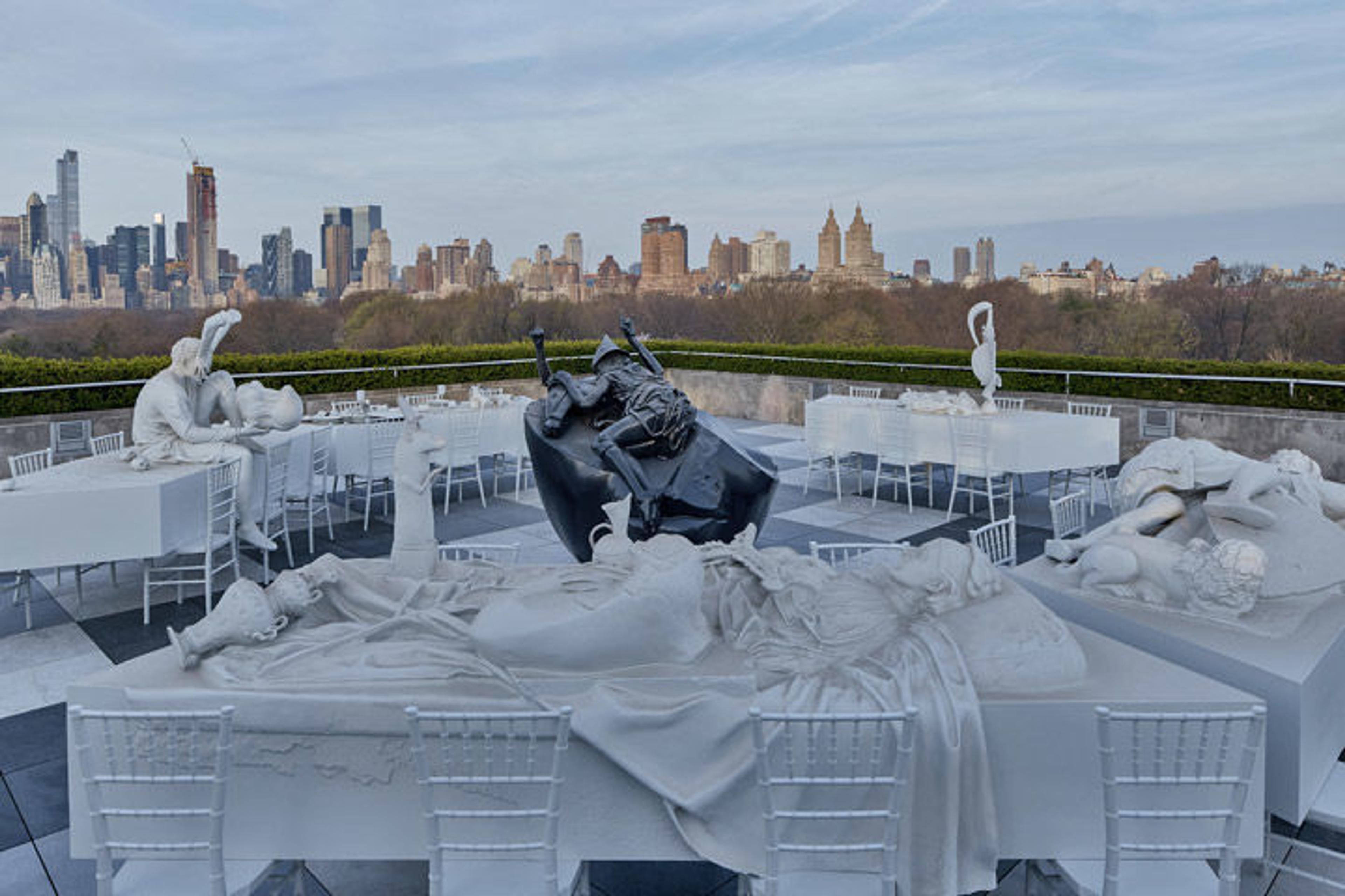 View of Adrian Villar Rojas's Theater of Disappearance on The Met's Cantor Roof Garden with the Manhattan skyline in the background