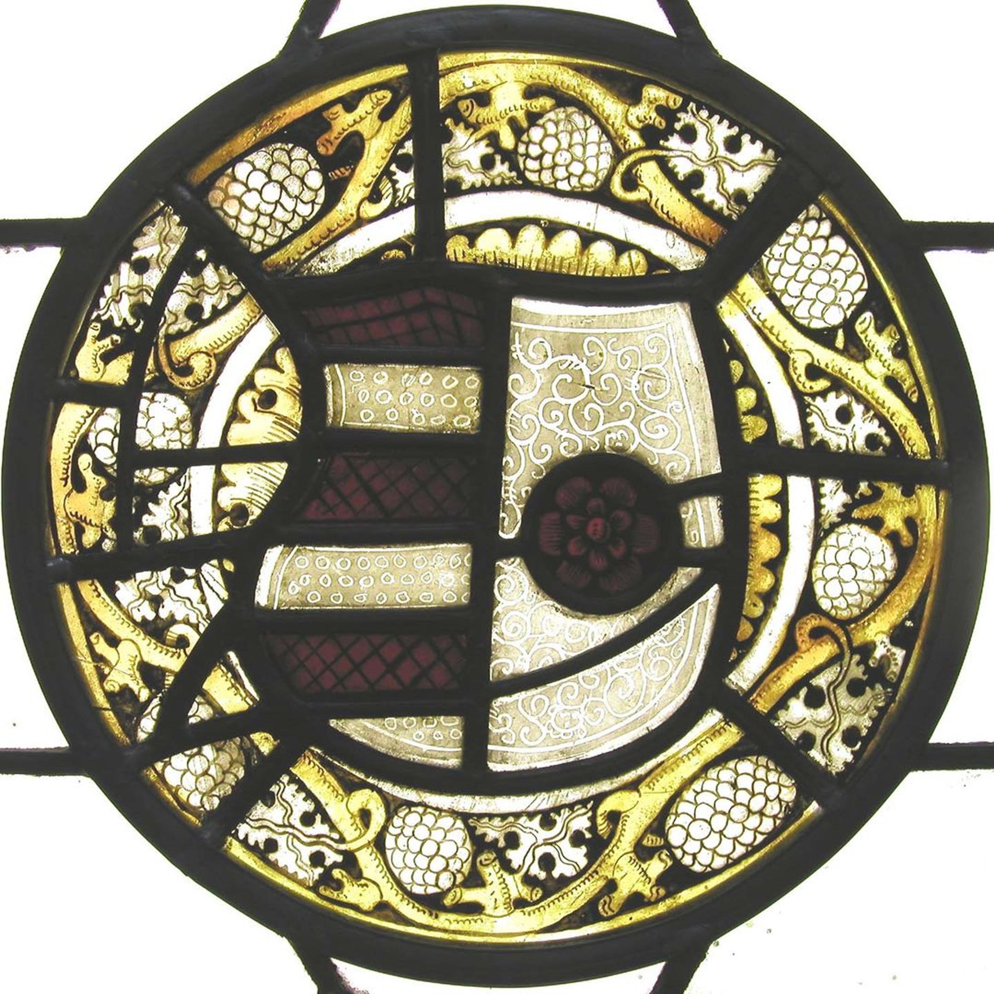 An armorial roundel depicting the arms of Barry of six Gules and Argent impaling Argent a Rose Gules