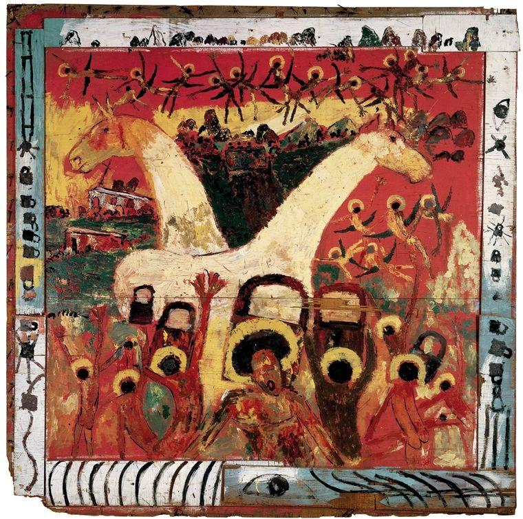 "Locked Up Their Minds" by Purvis Young, a painting of commercial paint on plywood