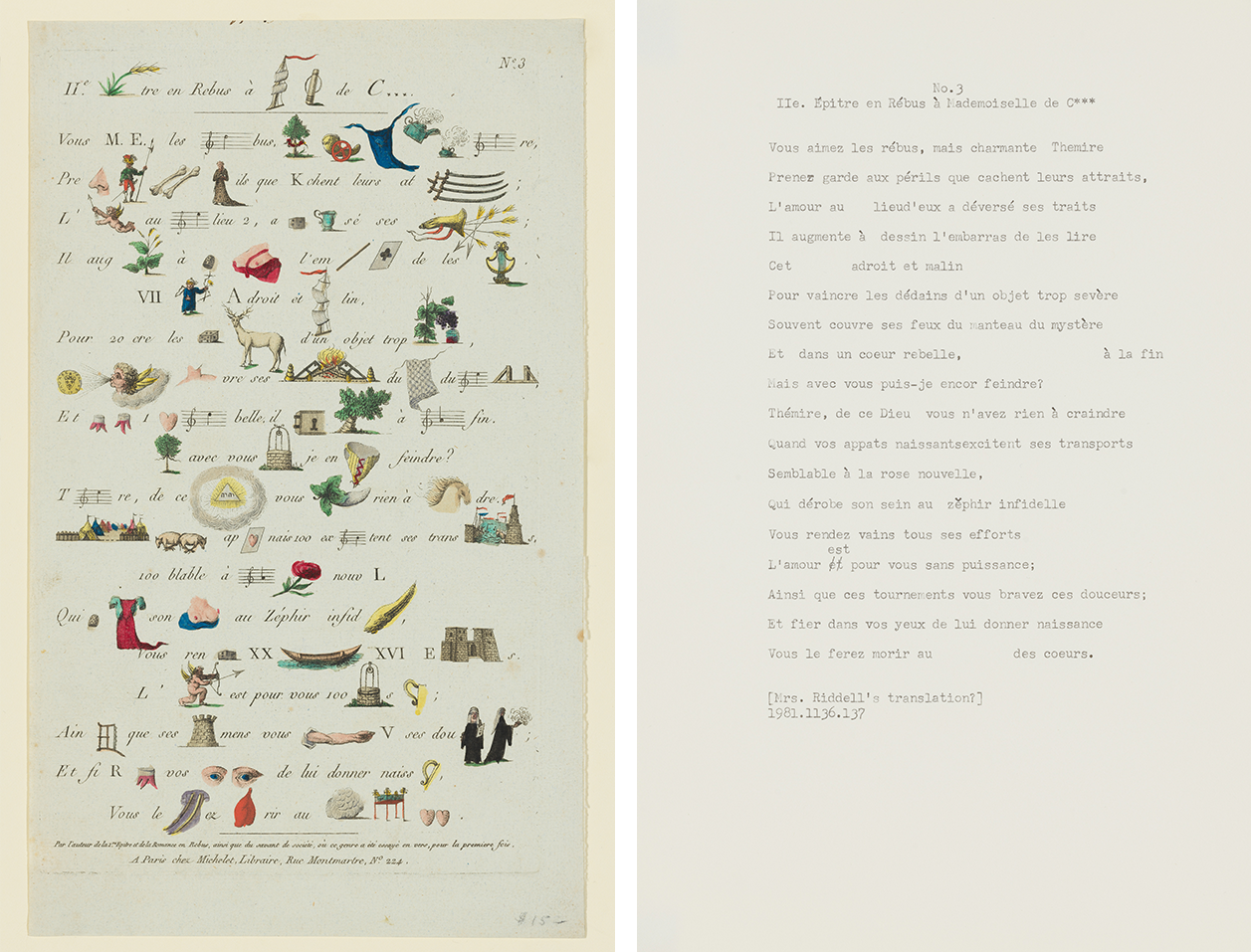 Composite image of hand colored engraved rebus on left and typed translation on right.