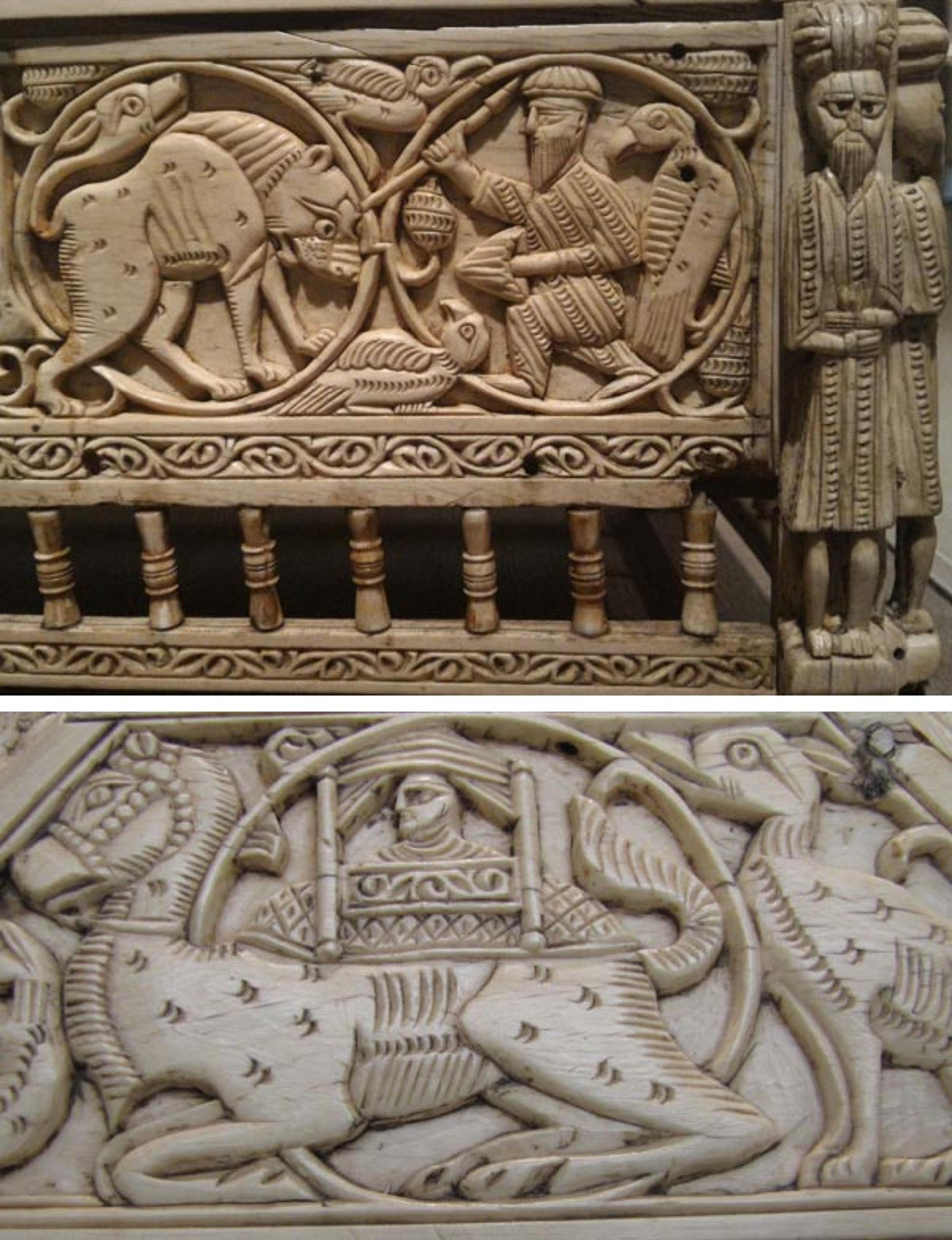 Morgan casket (two detail views), 11th–12th century. Southern Italy. Norman Italy. Ivory; carved; Overall: H. 8 7/8 in. (22.3 cm), W. 15 3/16 in. (38.6 cm), D. 7 7/8 in. (20 cm). The Metropolitan Museum of Art, New York, Gift of J. Pierpont Morgan, 1917 (17.190.241). Photos by Silvia Armando