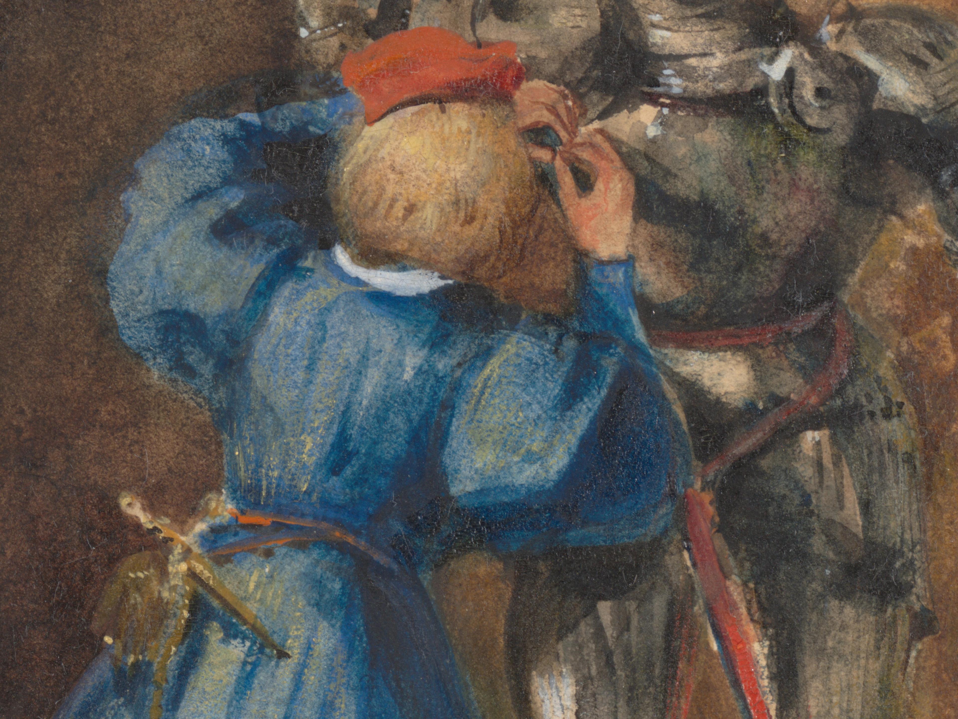 A detailed image of a young boy in blue Renaissance costume adjusting a metal suit of armor.