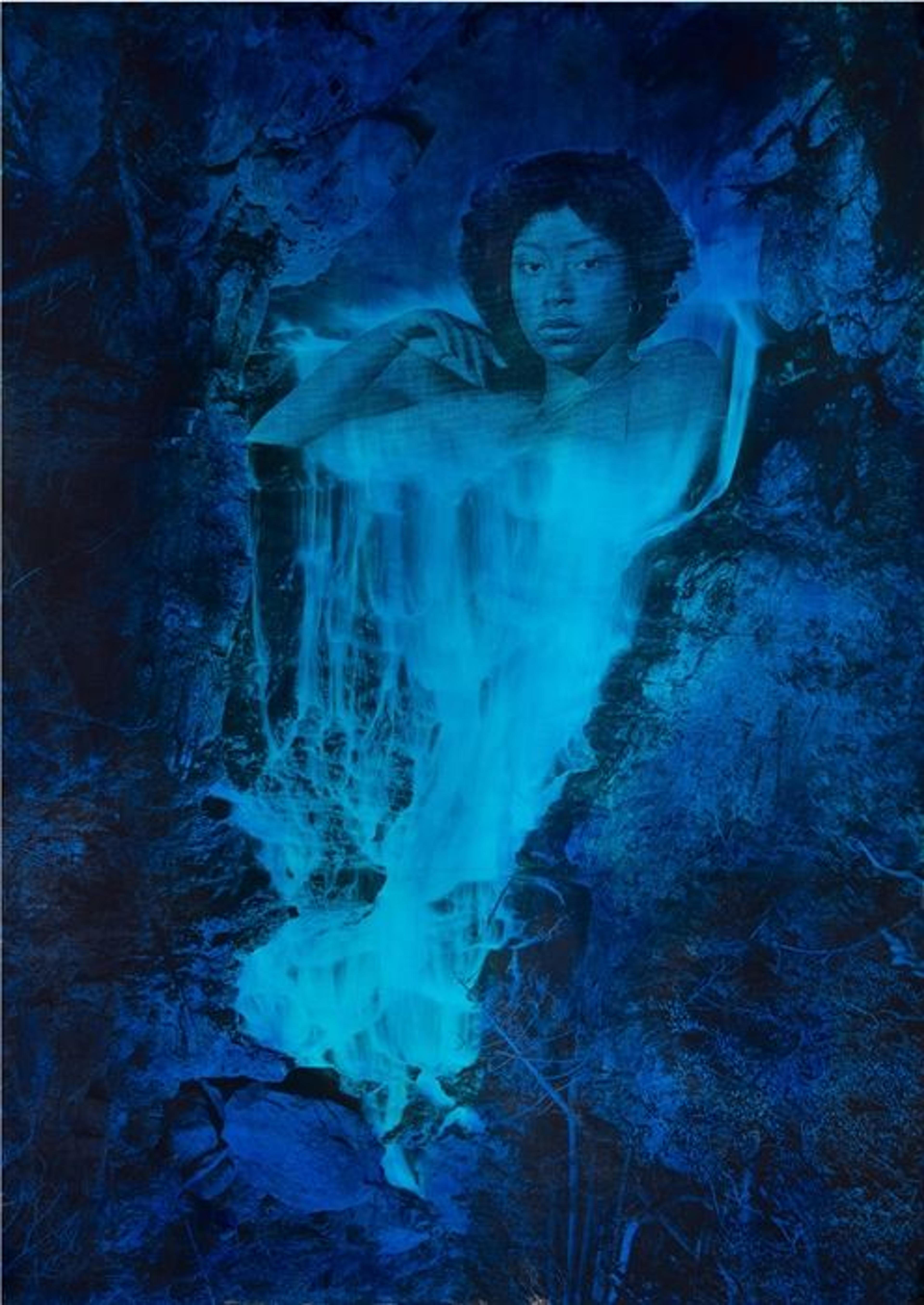 A woman in a lush landscape whose torso transforms into a glowing waterfall