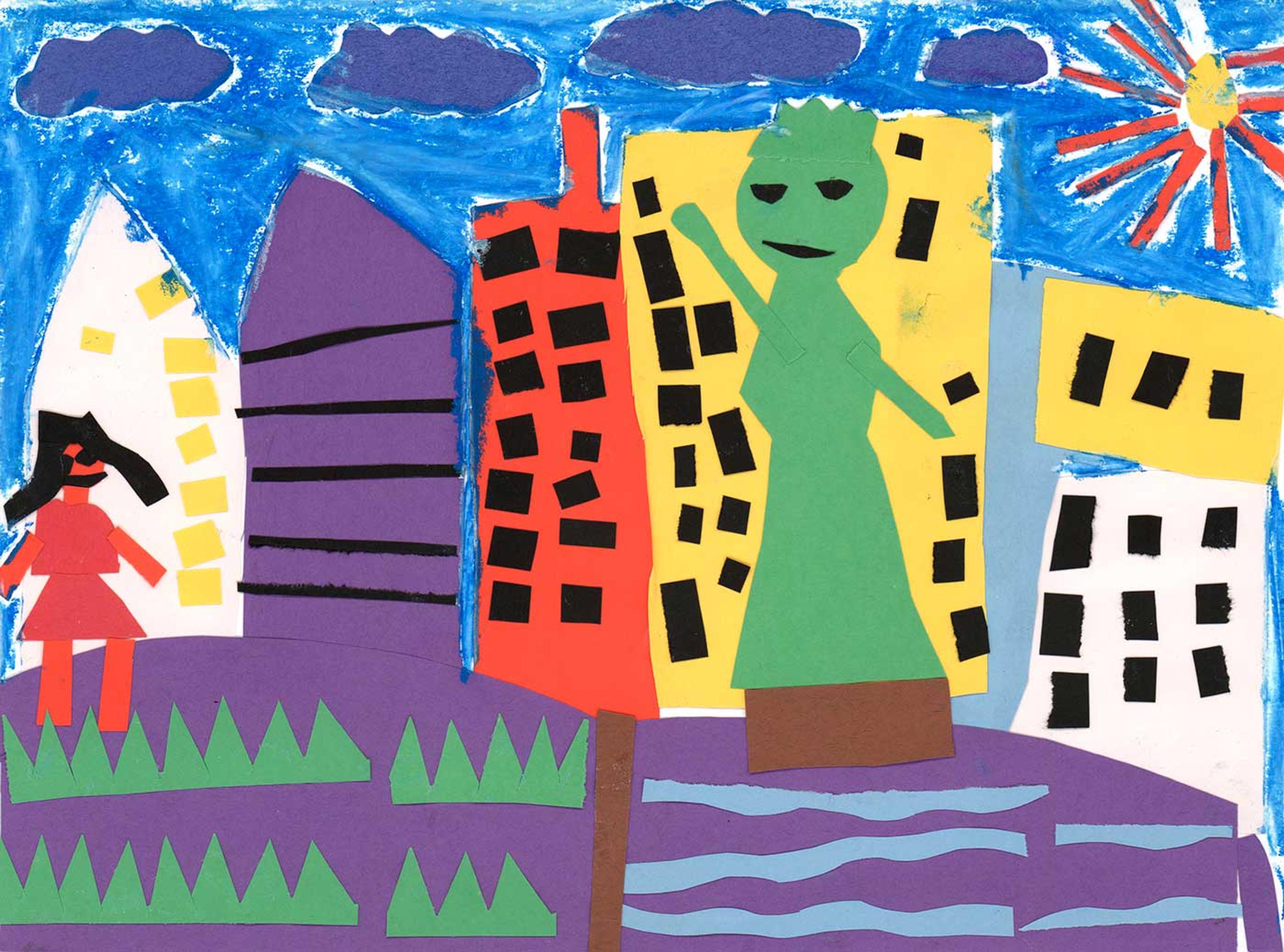 Collage of New York City featuring the Statue of Liberty, colorful buildings, and the figure of a woman in a red dress.