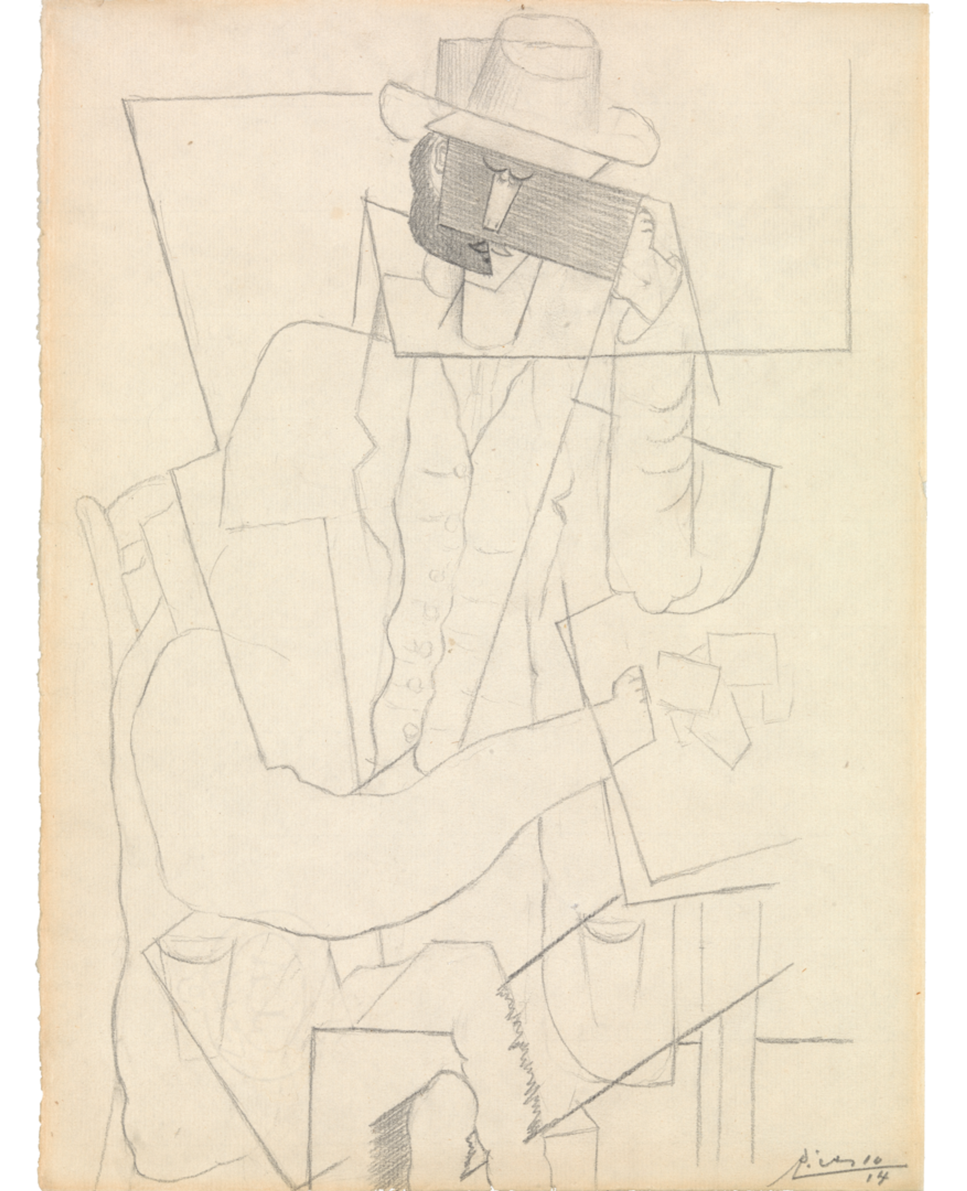 Graphite drawing of a man with a hat leaning on a table with playing cards