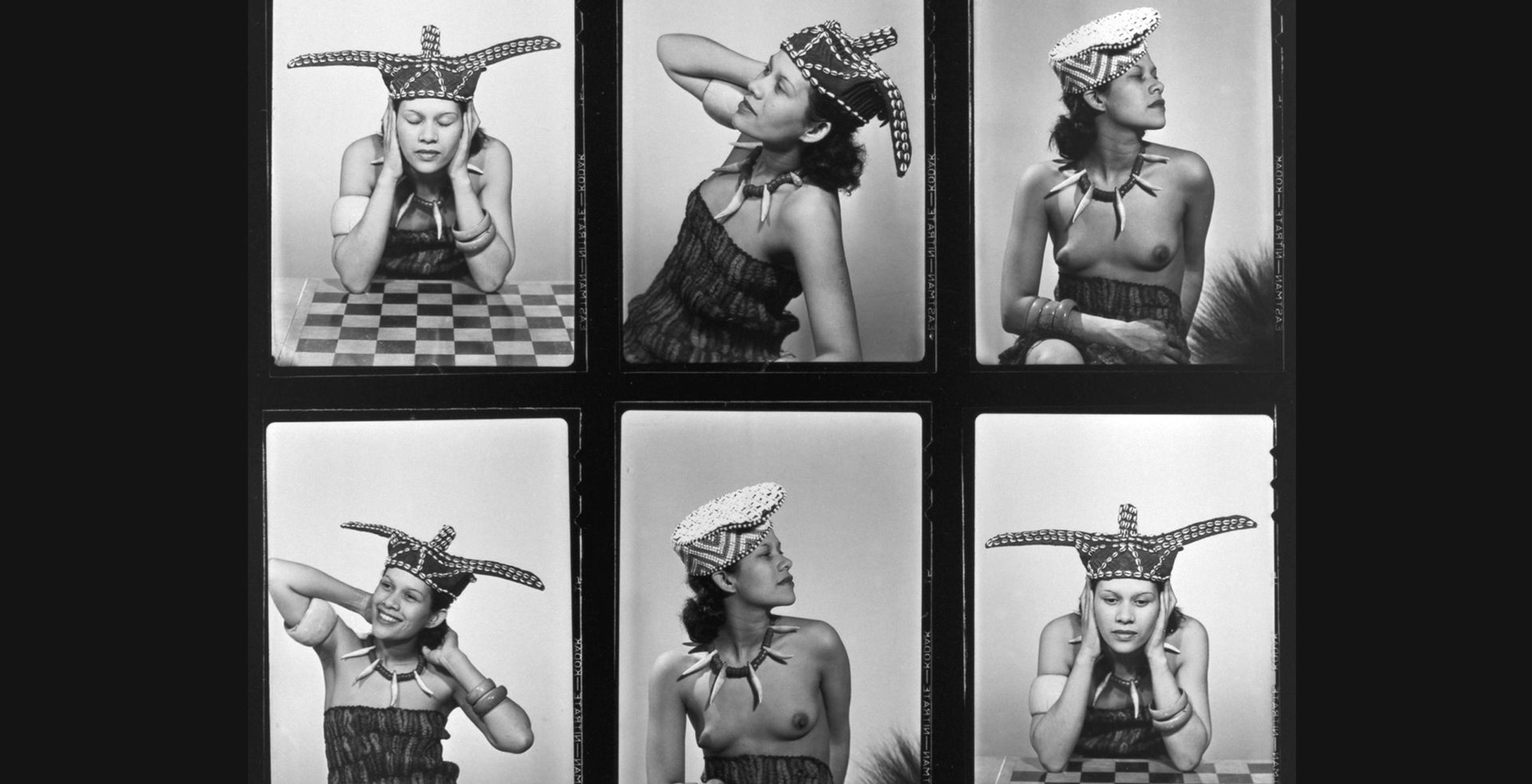 Composite images of Guadeloupe-born model Adrienne Fidelin posing with elaborate headdresses