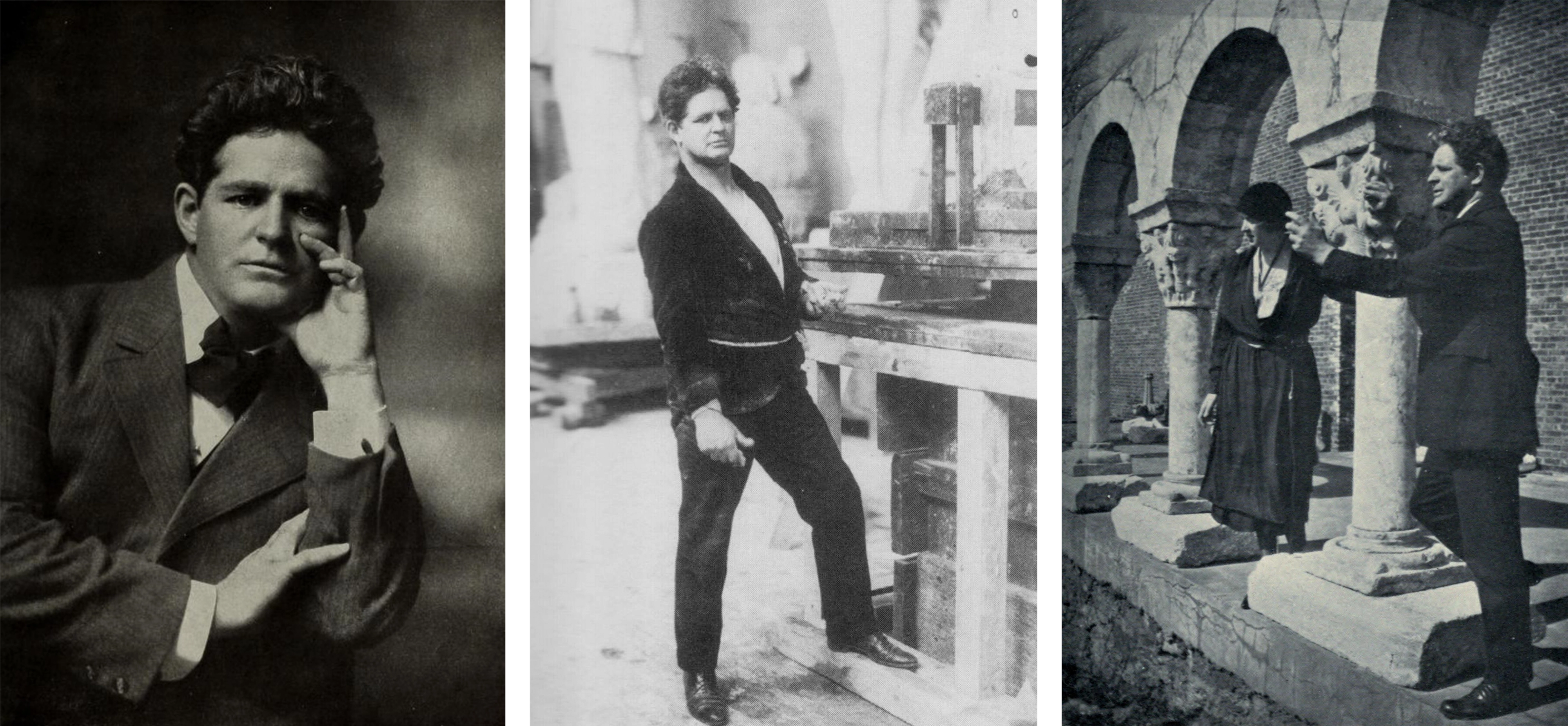 Three vintage photographs: one of a person seated in a chair, one standing near a workbench, and one adjusting a column in an architectural setting.