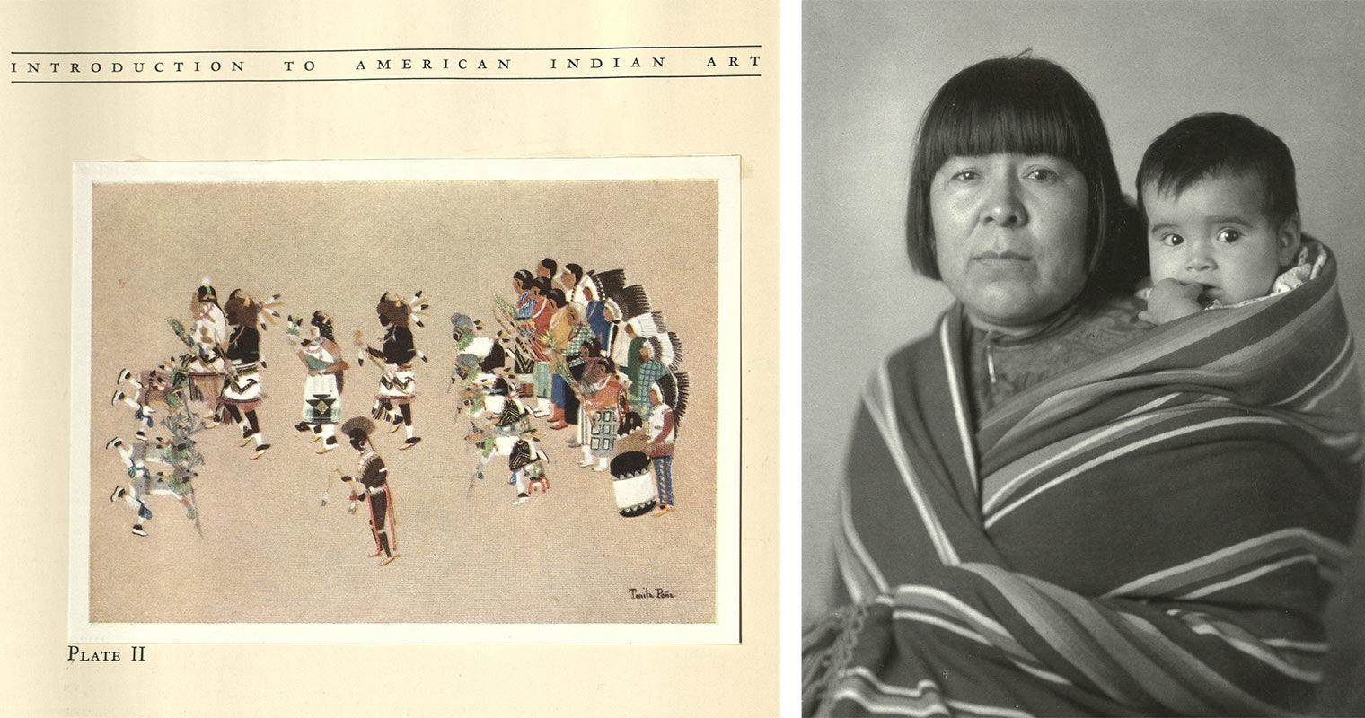 Painting of a group of Native Americans dressed in ceremonial attire, playing instruments and dancing