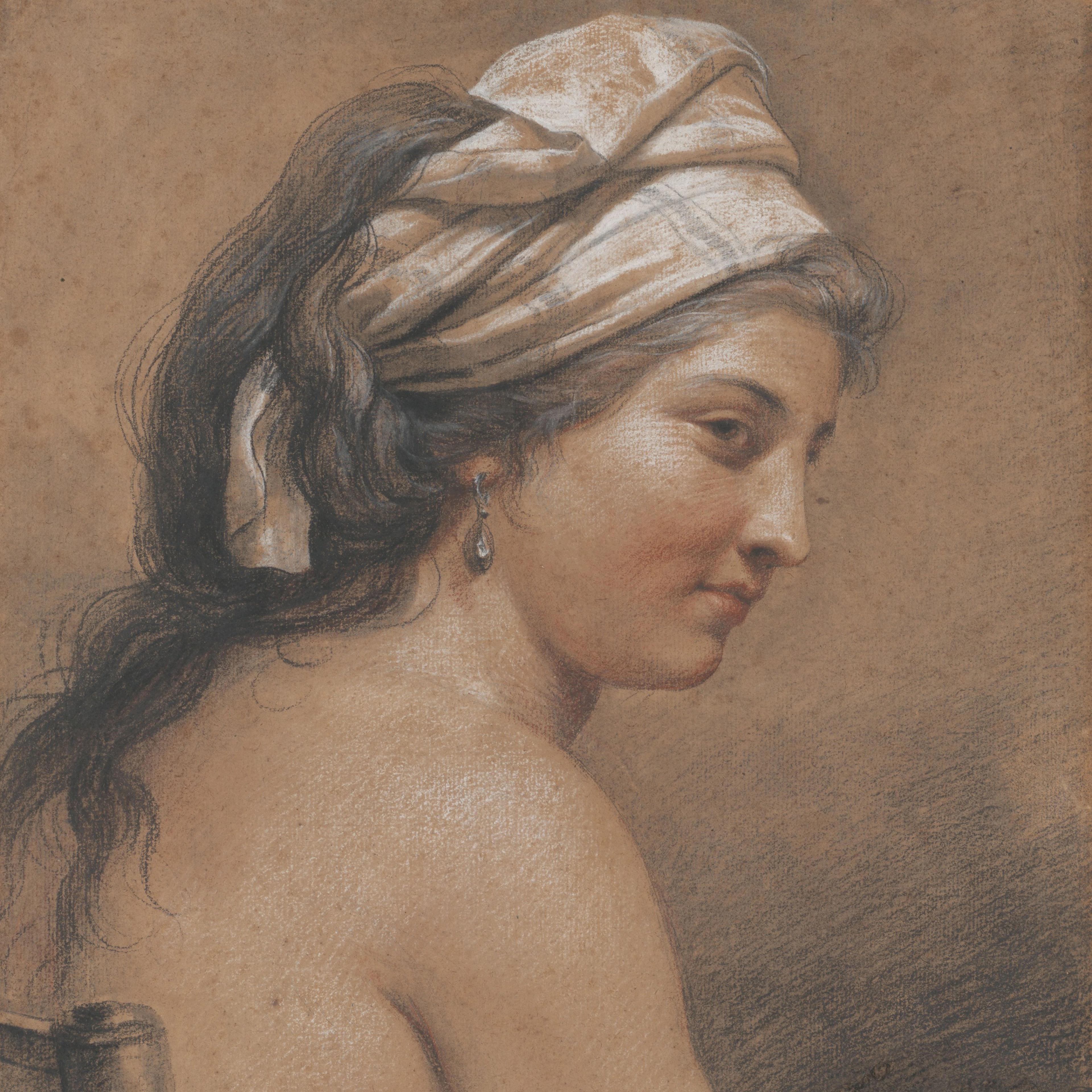 A close-up detail of a woman's head in profile, drawn in reddish chalk.
