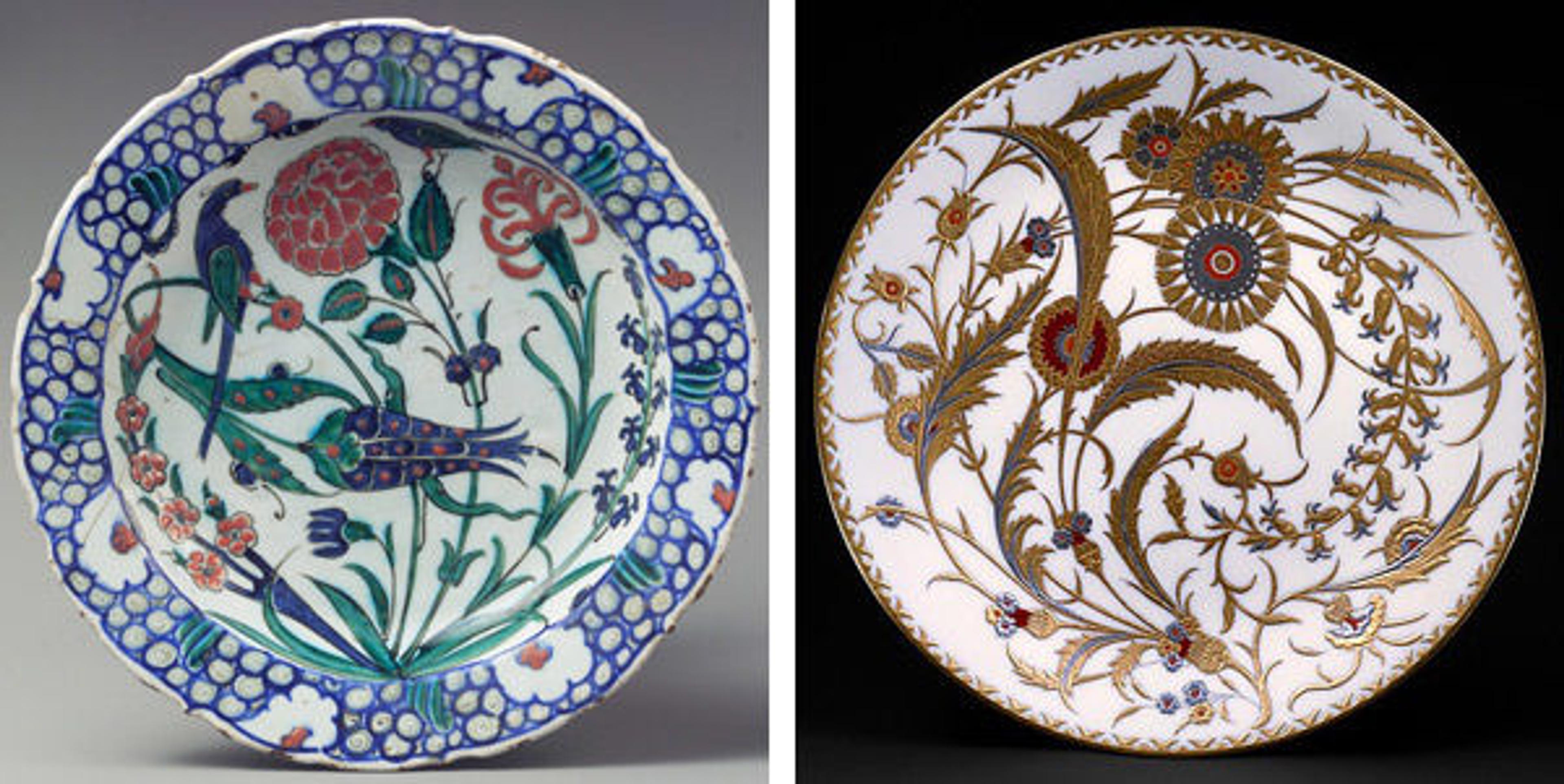 Left: Dish depicting two birds among flowering plants, ca. 1575–90. Turkey, Iznik. Islamic. Stonepaste; polychrome painted under transparent glaze; H. 2 3/8 in., Diam. of rim: 11 3/16 in. (28.4 cm). The Metropolitan Museum of Art, New York, Gift of James J. Rorimer in appreciation of Maurice Dimand's curatorship, 1933–1959, 1959 (59.69.1). Right: Minton(s) (British, Stoke-on-Trent, 1793–present). Plate, 1881. British, Stoke-on-Trent, Staffordshire. Hard-paste porcelain; Diameter: 9 1/2 in. (24.1 cm). The Metropolitan Museum of Art, New York, Gift of Robert L. Isaacson, 1988 (1988.404)