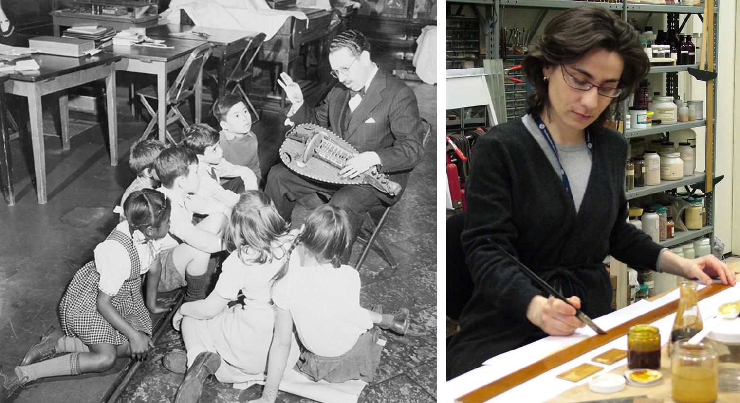 Left: Emanuel Winternitz showing children the hurdy-gurdy instrument. Right: Susana Caldeira staining piece of wood in conservation lab.