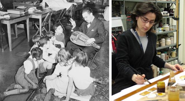 Left: Emanuel Winternitz showing children the hurdy-gurdy instrument. Right: Susana Caldeira staining piece of wood in conservation lab.