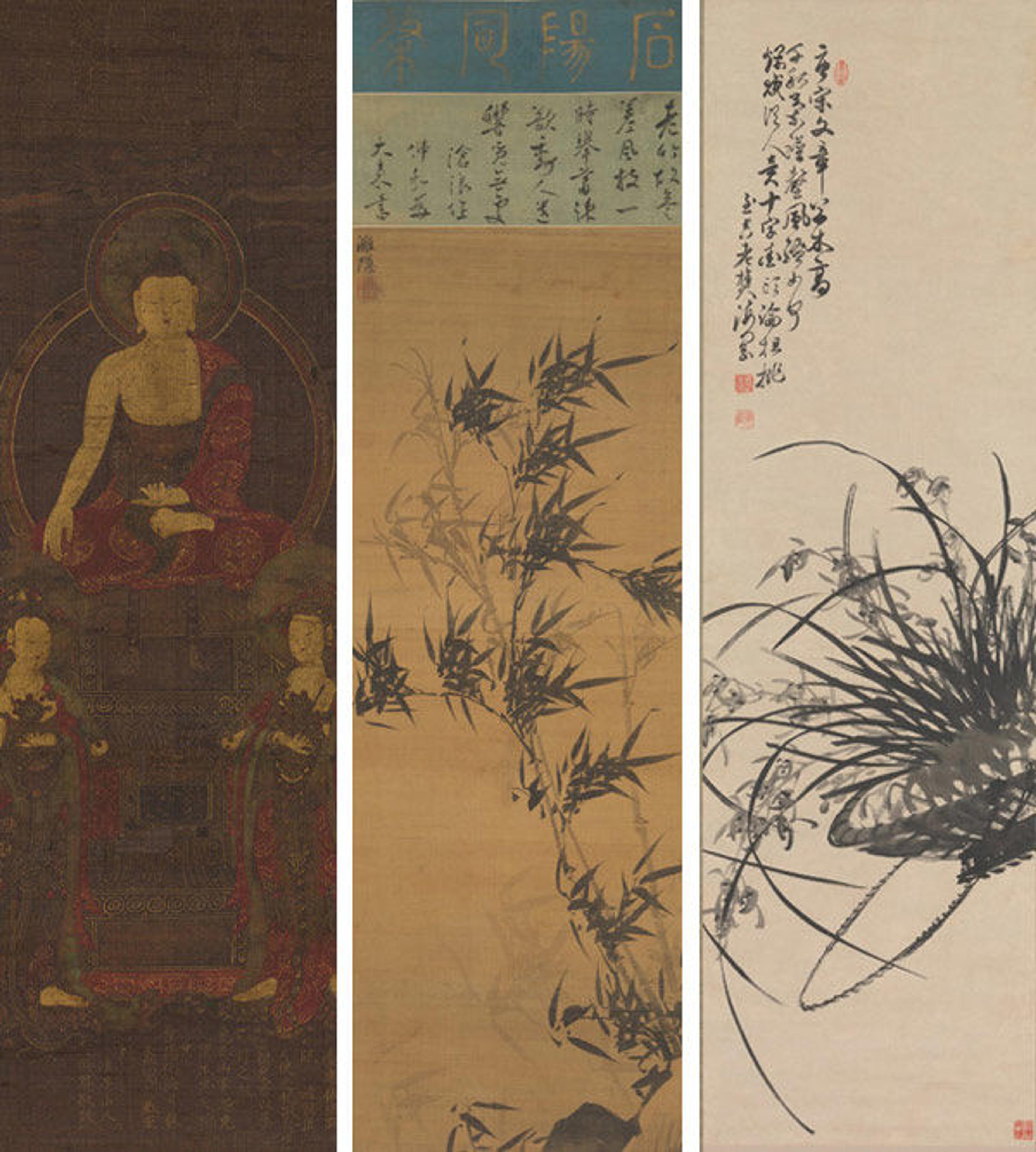 Shakyamuni triad; Bamboo in the Wind; Orchids in Hanging Basket