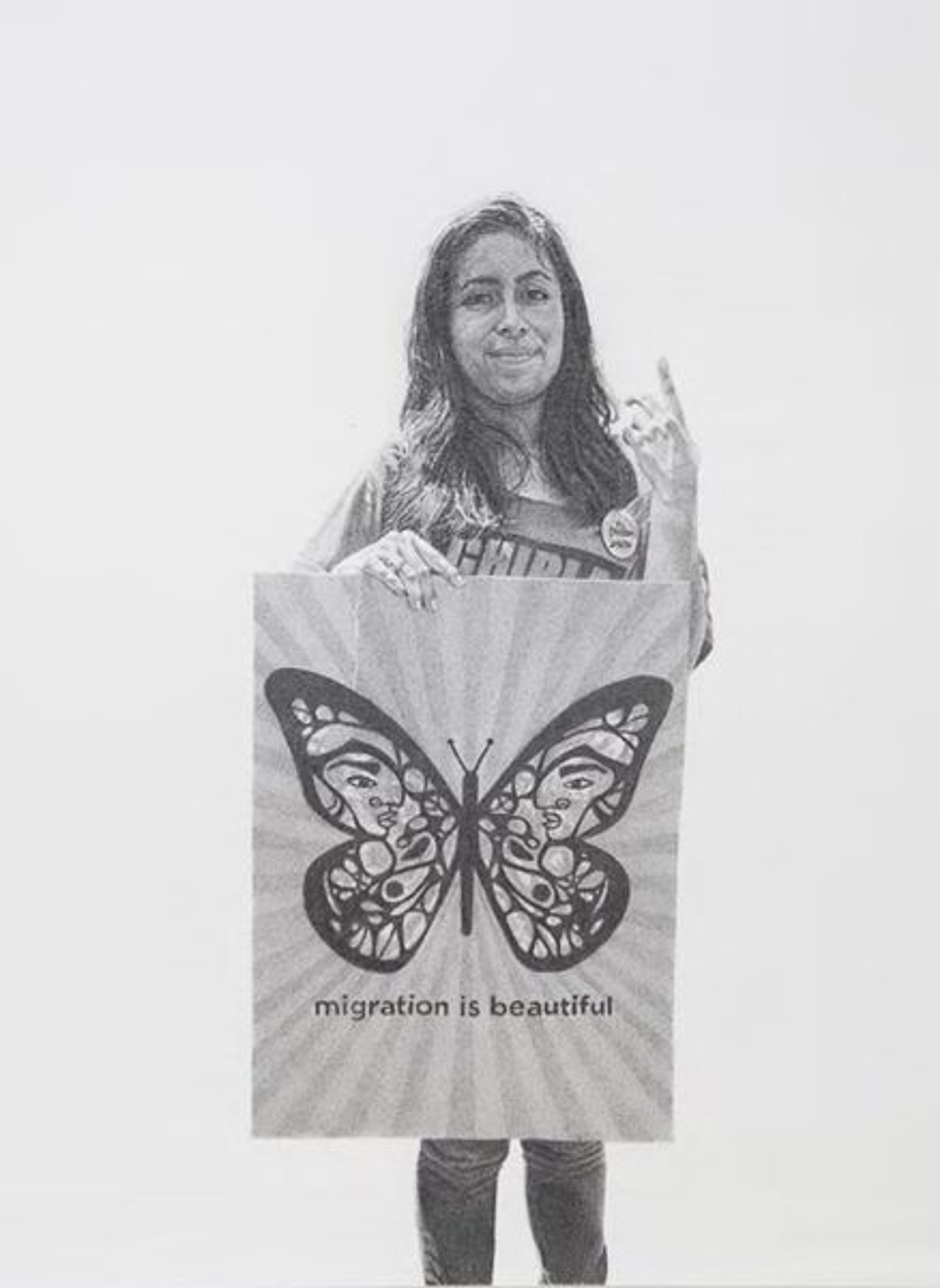 Graphite drawing by Andrea Bowers of a woman holding a sign with a butterfly on it with the text