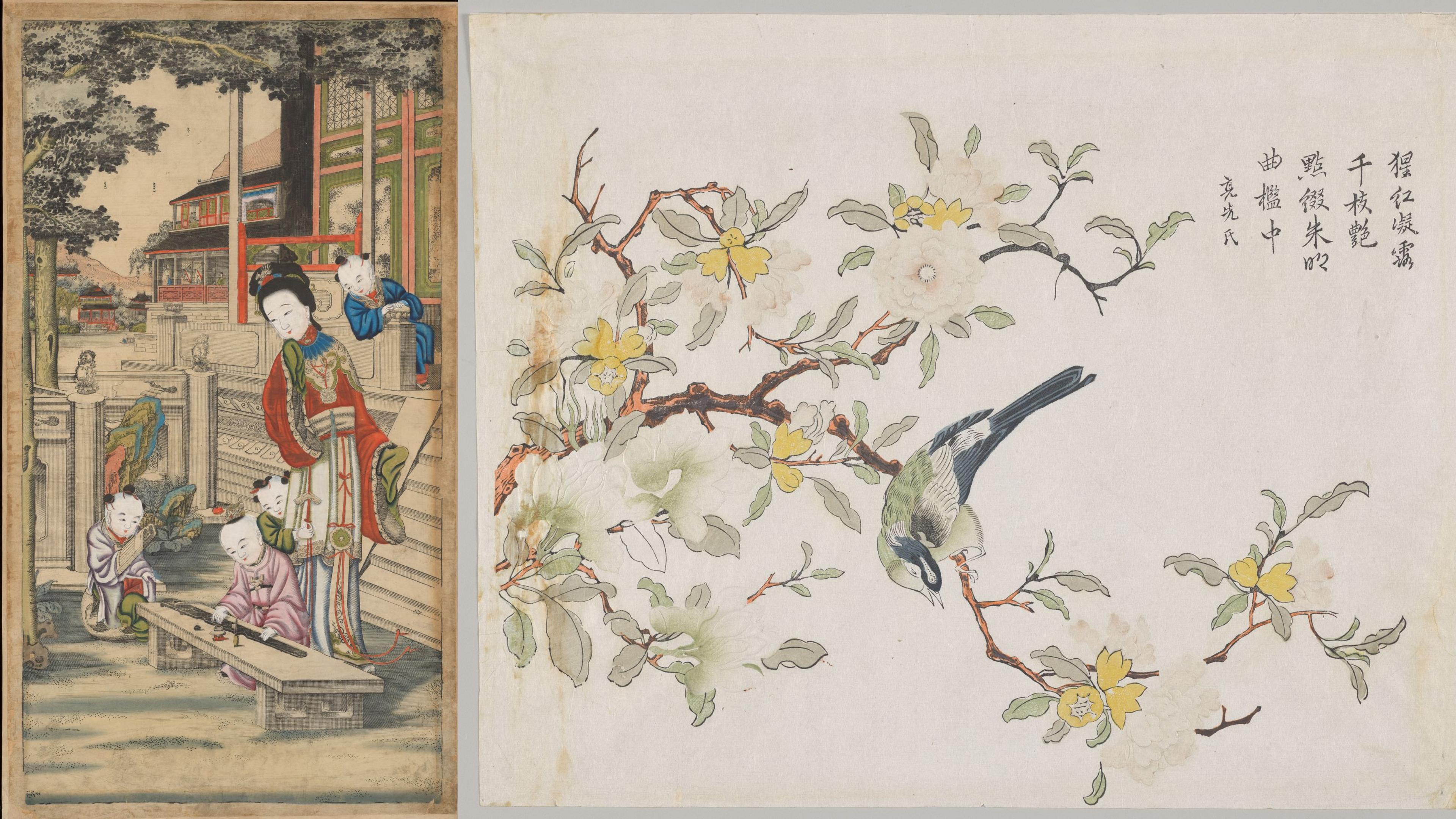 two prints, lady with children and bird on branch