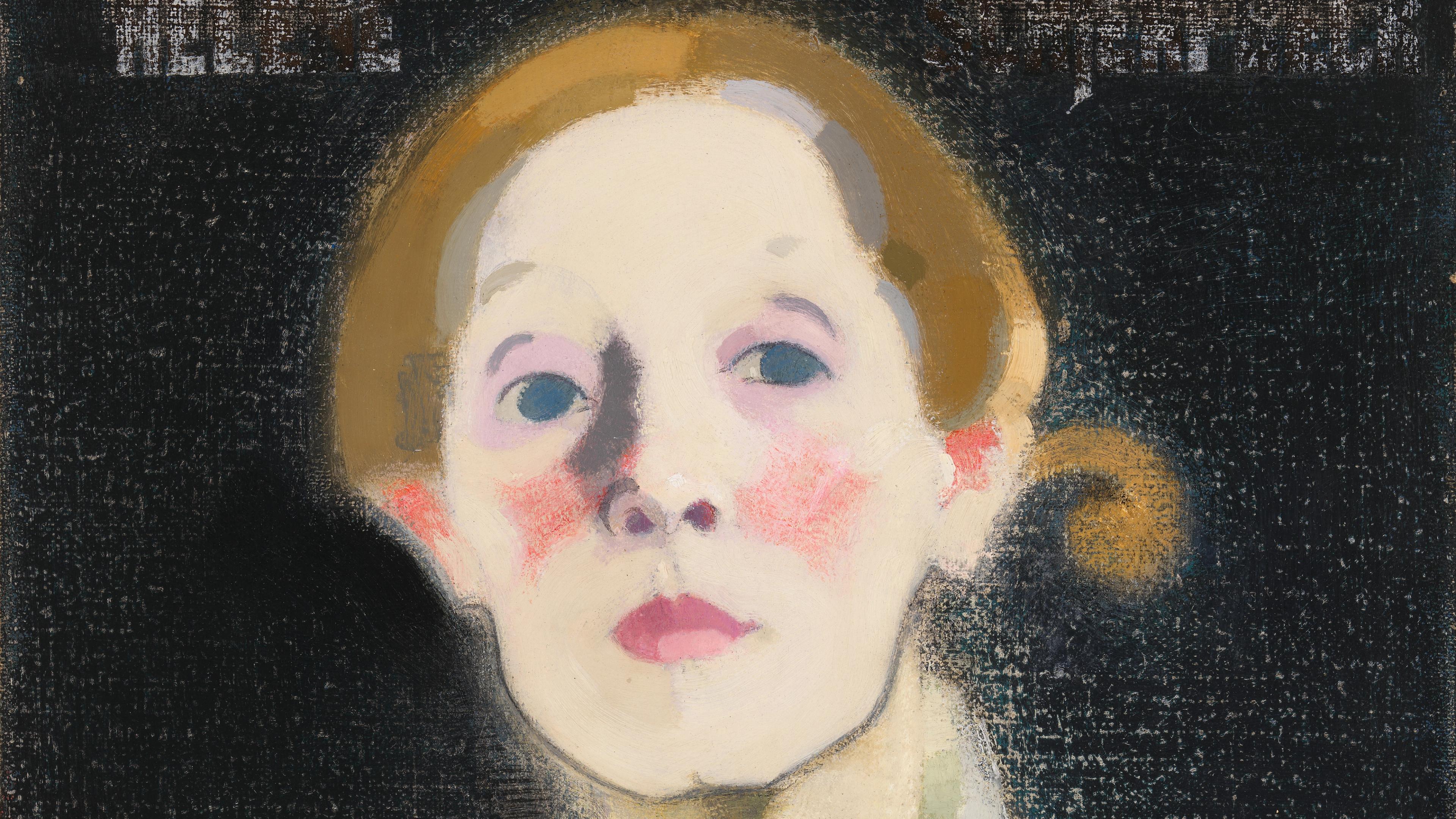 Detail of a painting of a pale-faced woman with pink cheeks and light brown hair against a dark background.
