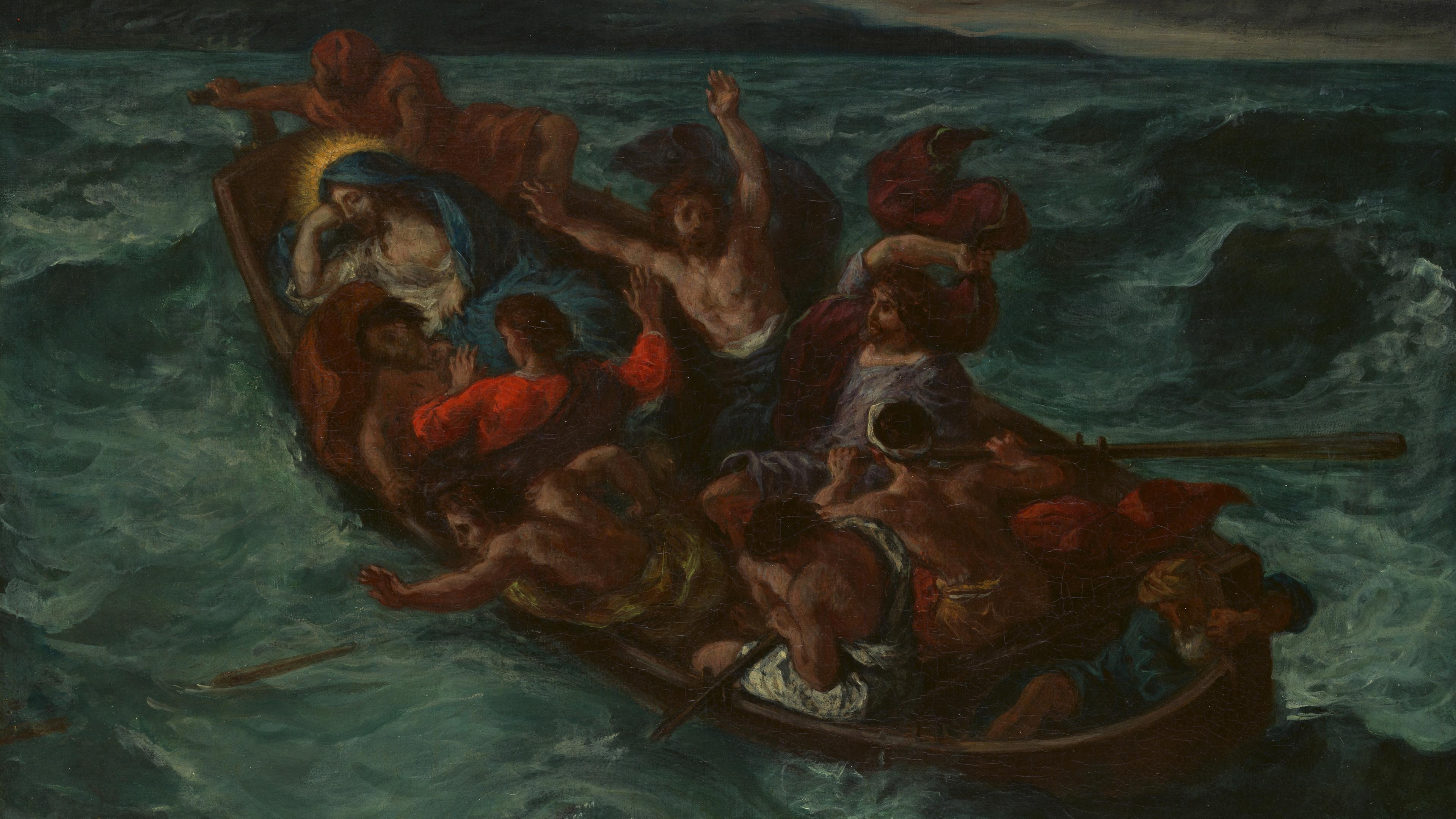 Christ, sleeping gently on a rowboat amidst a group of emotive men, being tossed by choppy waves.
