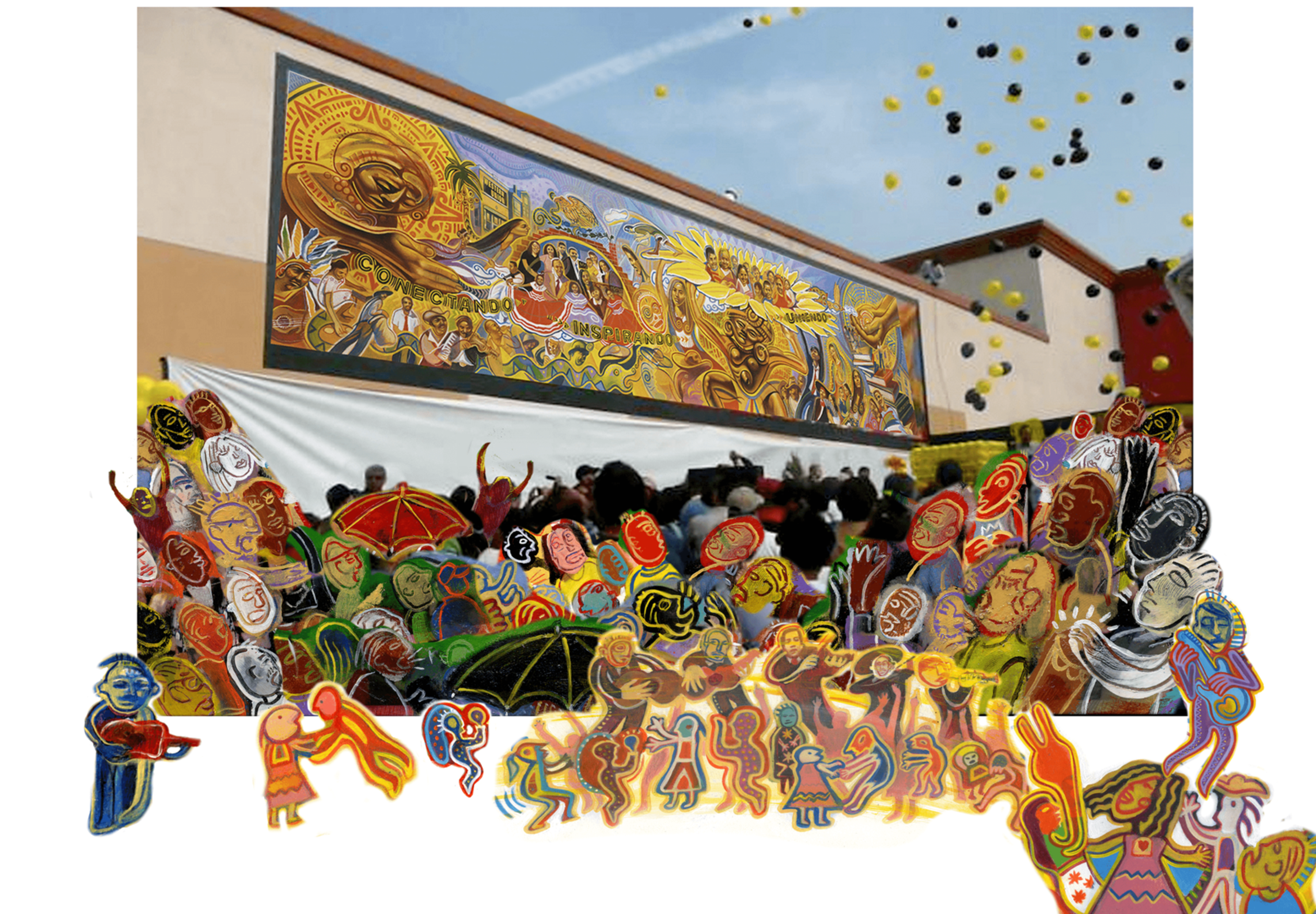 People celebrating, looking at the mural