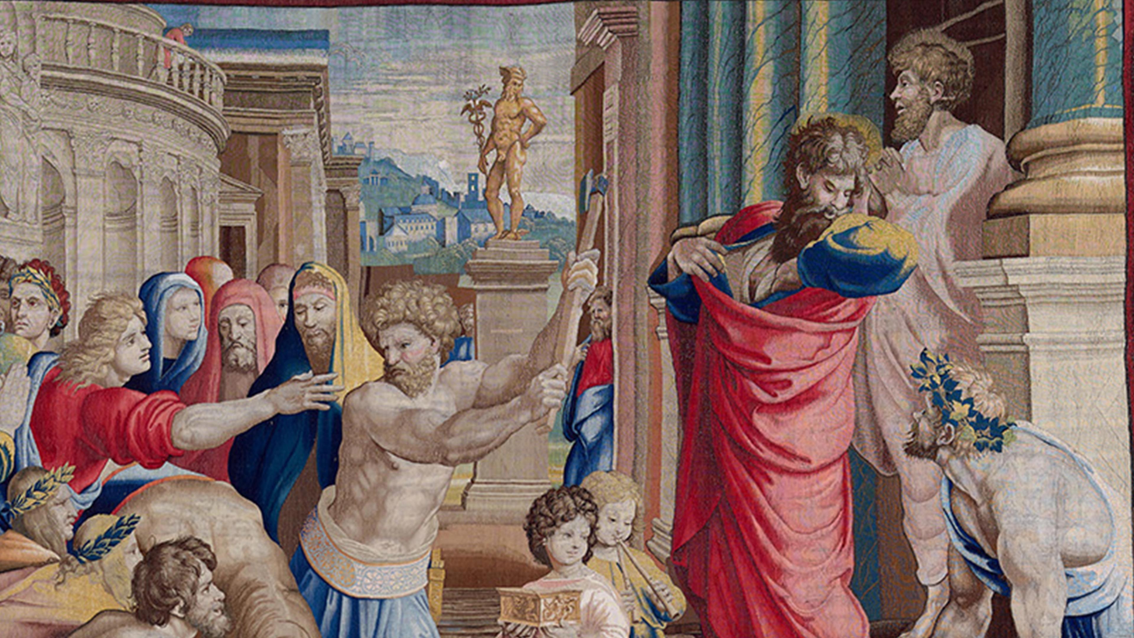 A colorful tapestry depicting an ancient scene with a crowd in vibrant robes, a bull, and Roman architecture. 