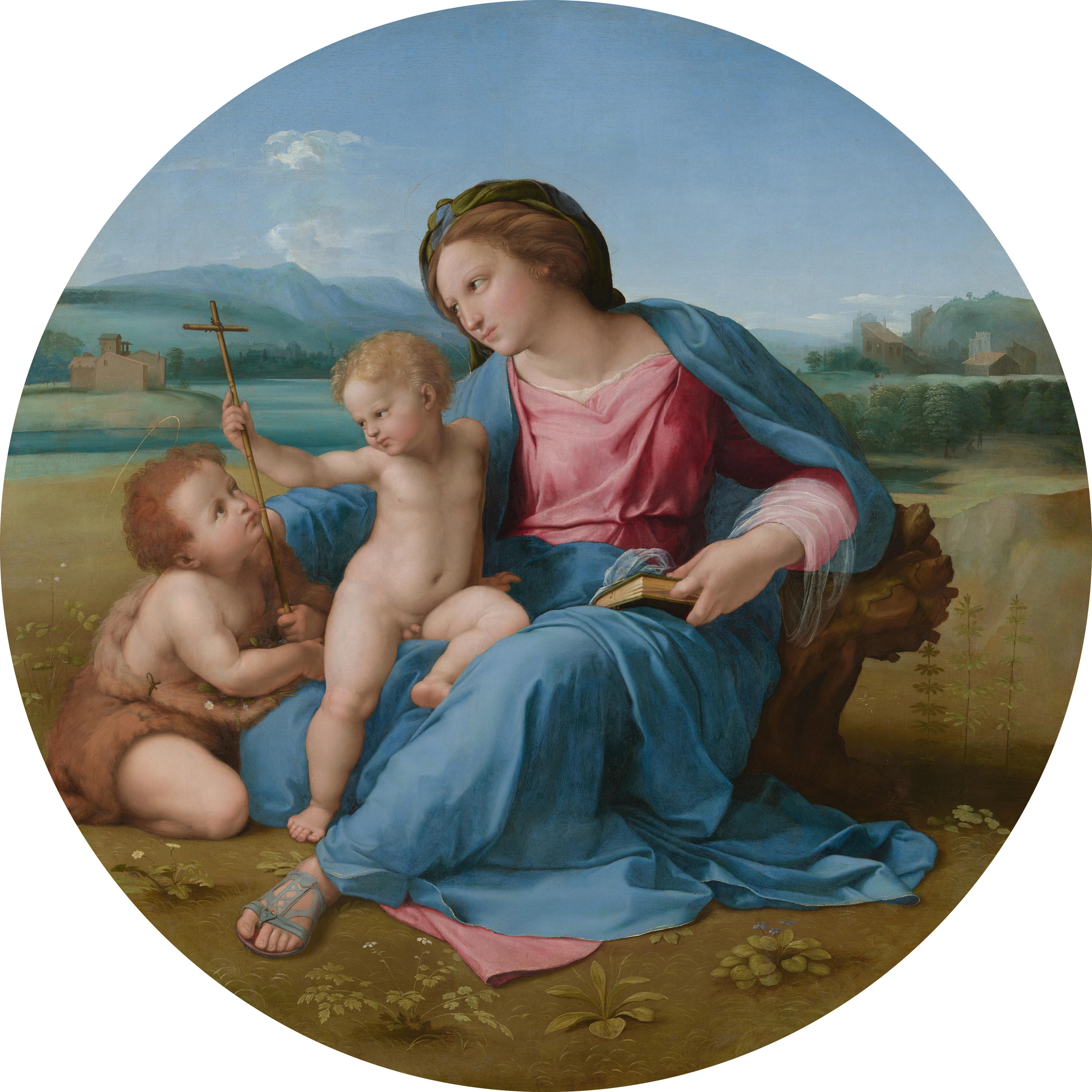 Circular painting of a woman and two small children holding a cross, with a river and mountains in the background.