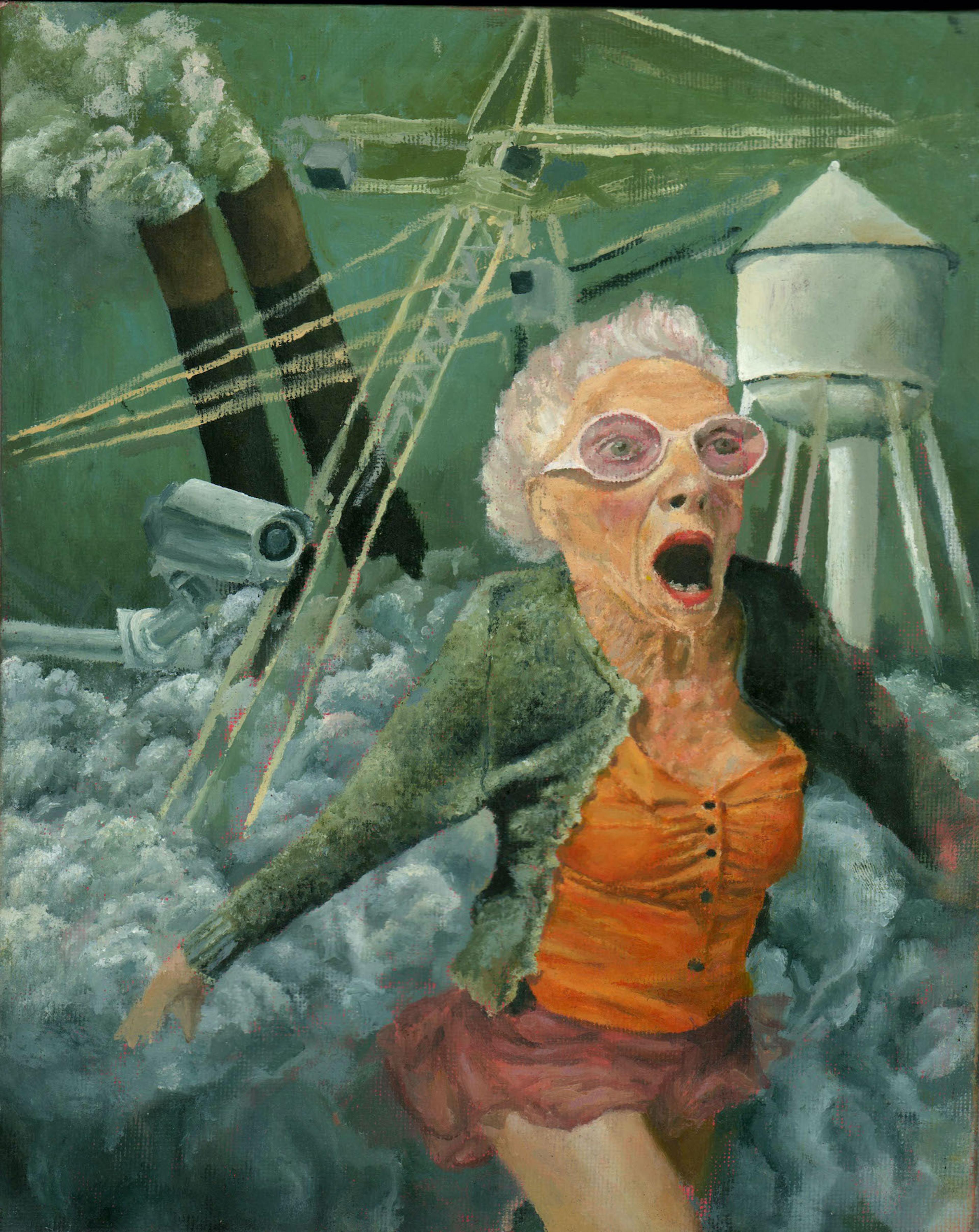 Oil on canvas painting that shows an elderly woman fleeing from a catastrophic scene behind her. She runs from left to the right foreground. She has short gray hair and wears round glasses, a pale green sweater, an orange shirt, and a short red skirt. Behind her a billowing, massive cloud of gray smoke rises from the bottom to the midpoint of the painting. A large yellow construction crane tower appears to be collapsing in the distance. Two tall, dark, billowing smoke stacks belch gray clouds behind the crane. At the left midpoint of the painting, a gray surveillance camera on an extended pole emerges from out of frame. At top right, in the distance, a white water tower emerges from the massive smoke cloud.