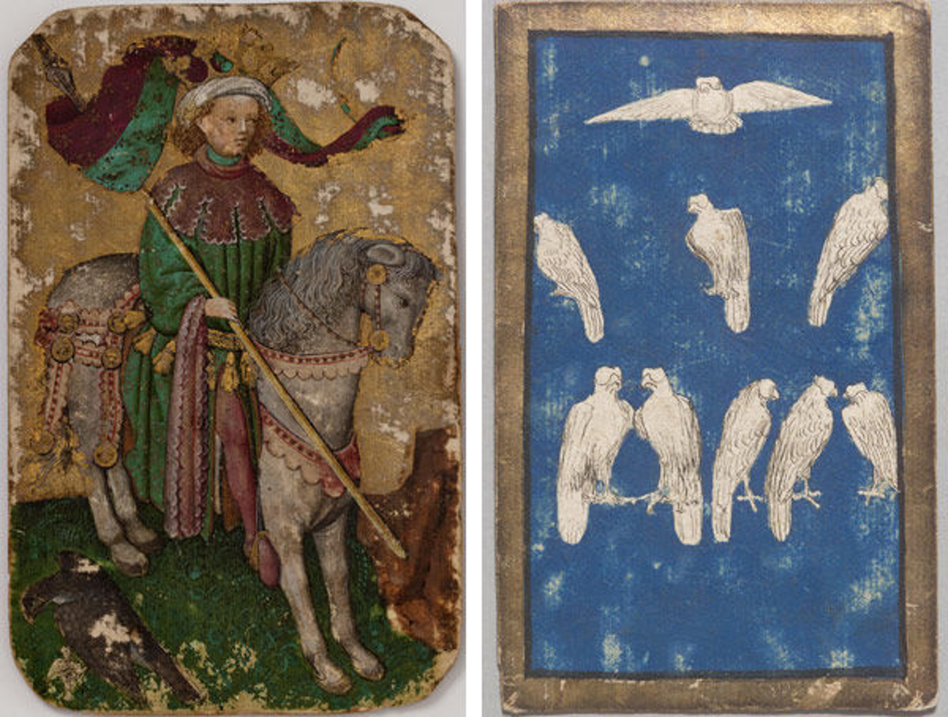Left: The King of Falcons in The Stuttgart Playing Cards, ca. 1430. German, Upper Rhineland. Landesmuseum Württemberg, Stuttgart. Right: Workshop of Konrad Witz (active in Basel 1434–44). The 9 of Falcons in The Courtly Hunt Cards, ca. 1440–45. German, Upper Rhineland. Kunsthistorisches Museum Wien