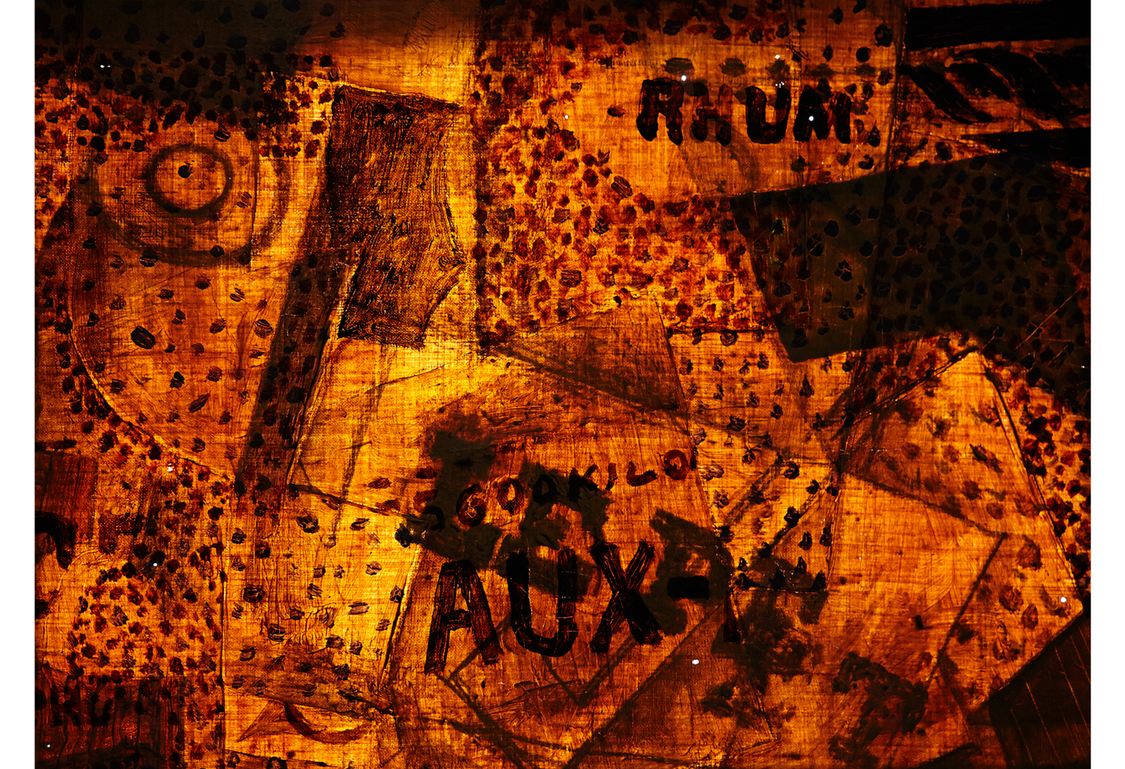 “Bottle of Rum” seen in orange and black tones through infrared light showing pinholes in the painting and the letters “Le Pe”