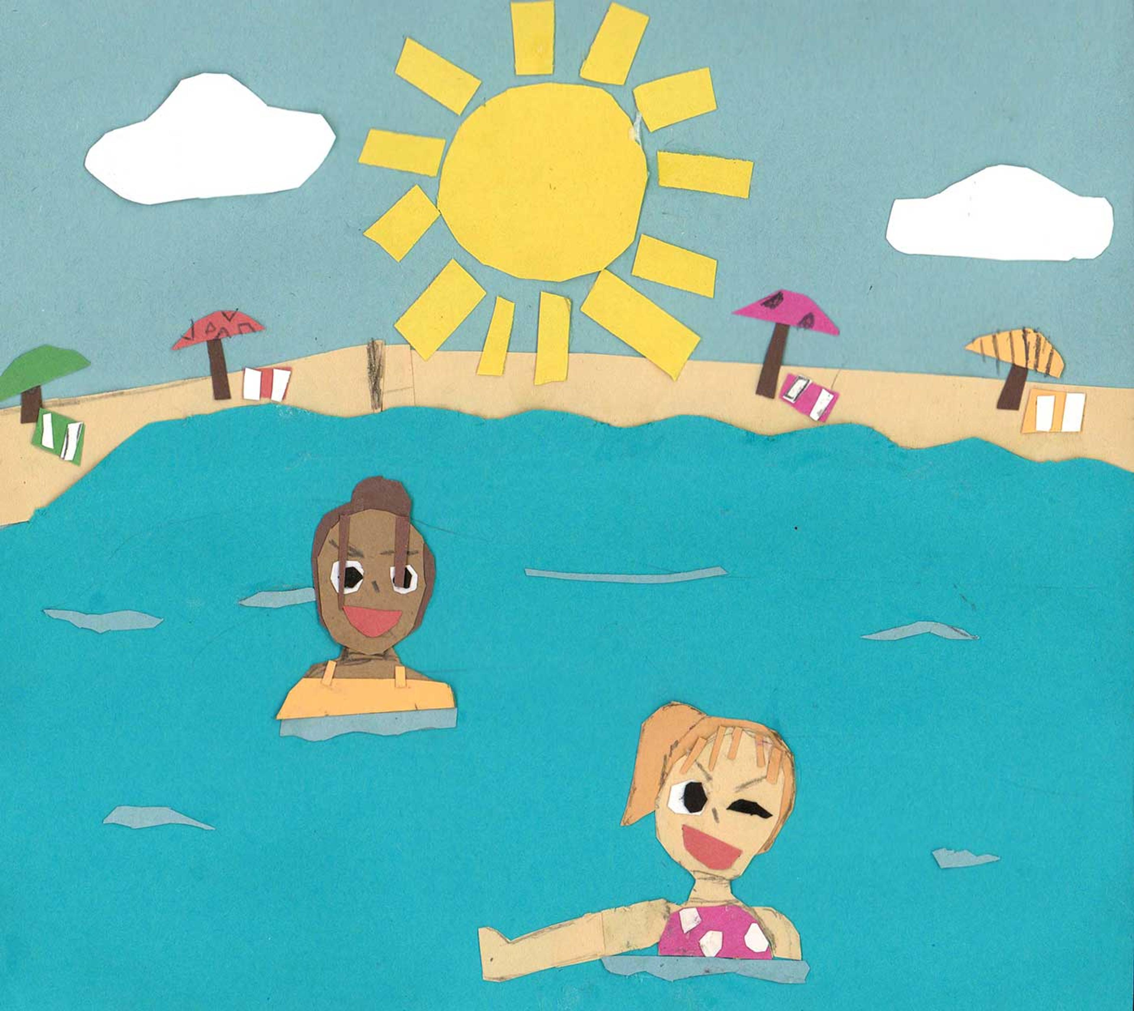 Collage of two young girls swimming in a lake with a beach behind them.