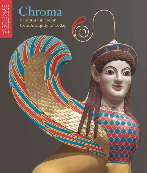 a colorized sphinx with red, blue, and gold coloring 