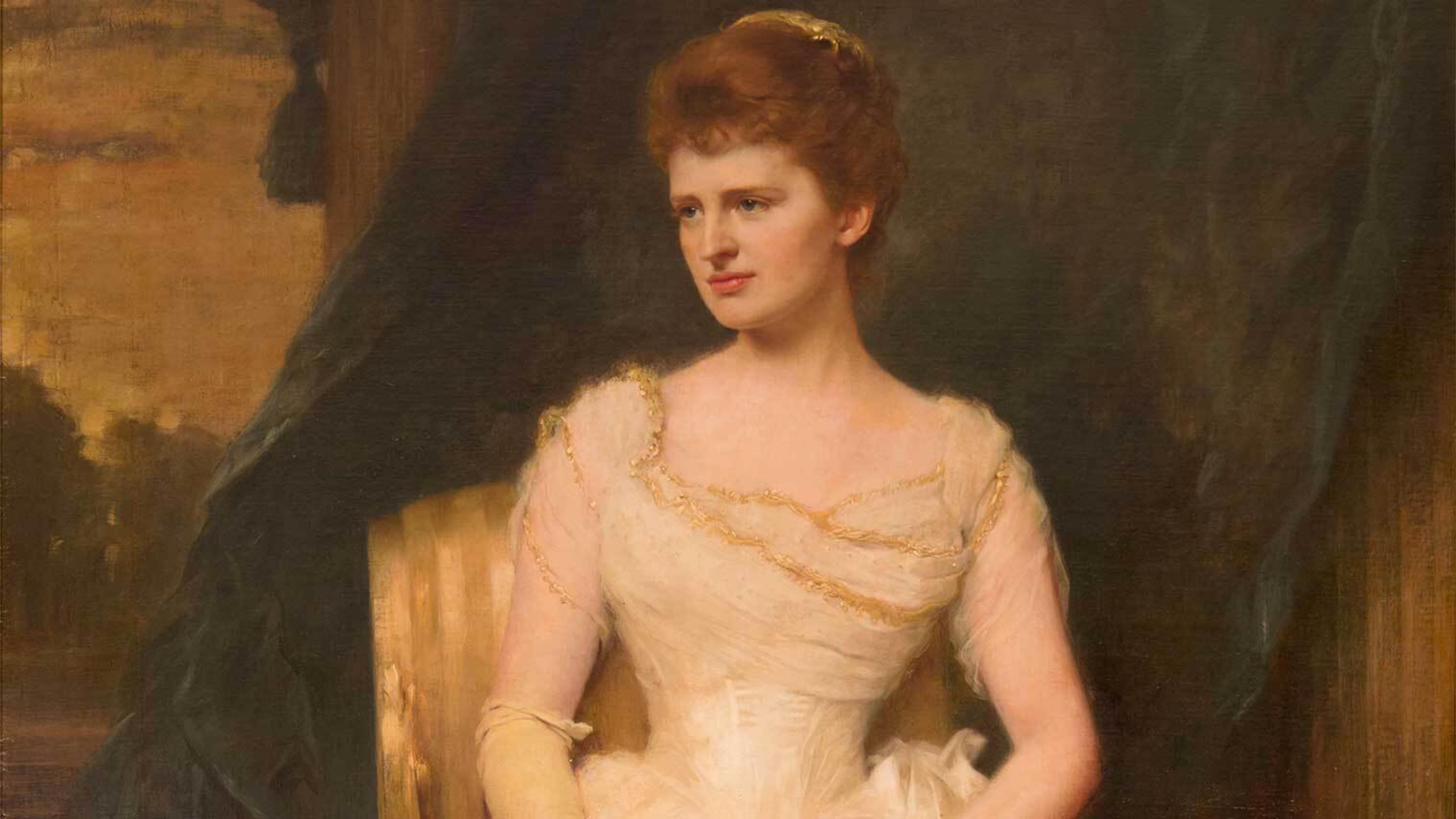 A well-dressed woman poses for a painting in an elegant off-white ballgown