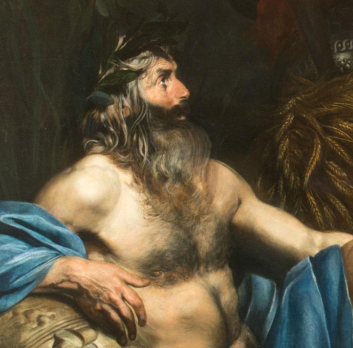Detail view of a painting by Valentin de Boulogne showing a nude, bearded, middle-aged man in profile