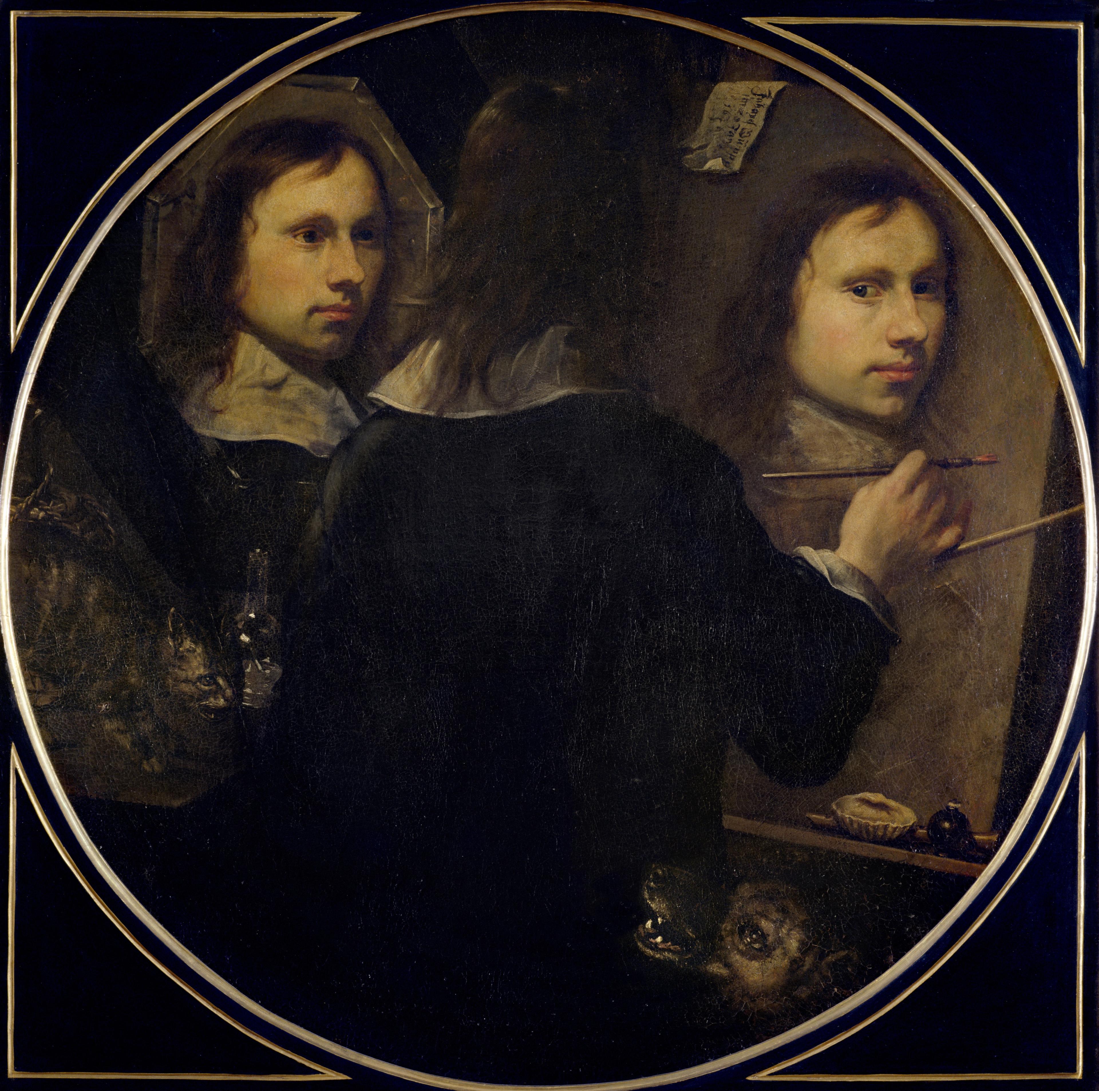 Painting of an artist from the back as he paints a self-portrait. His face is reflected in a mirror to his left and is also depicted on the canvas in front of him.